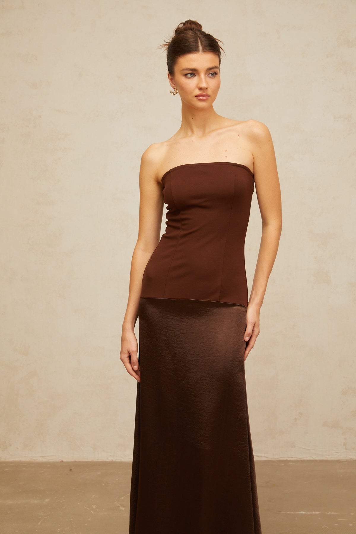 Blaise brown off-shoulder satin-panel maxi dress