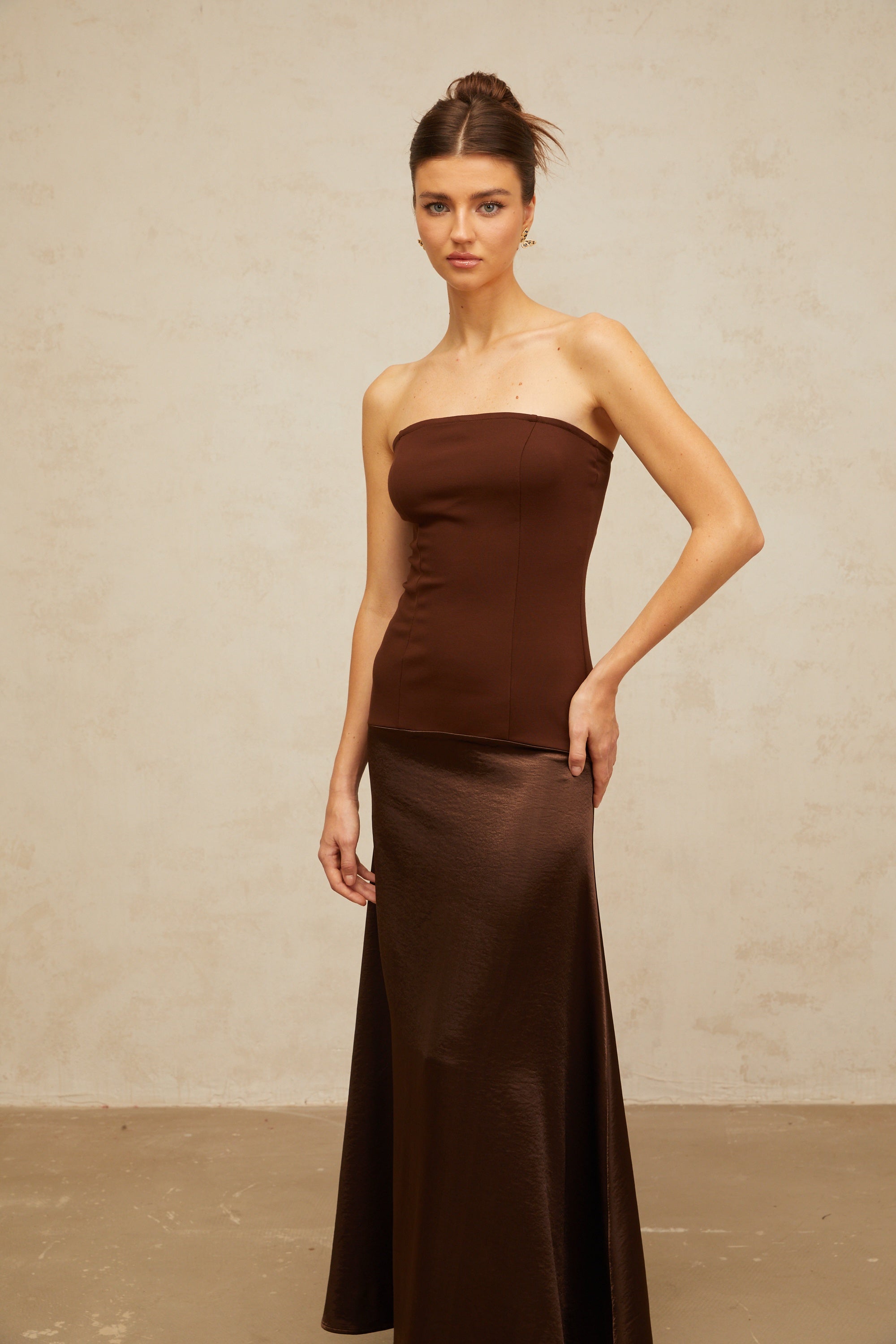 Blaise brown off-shoulder satin-panel maxi dress