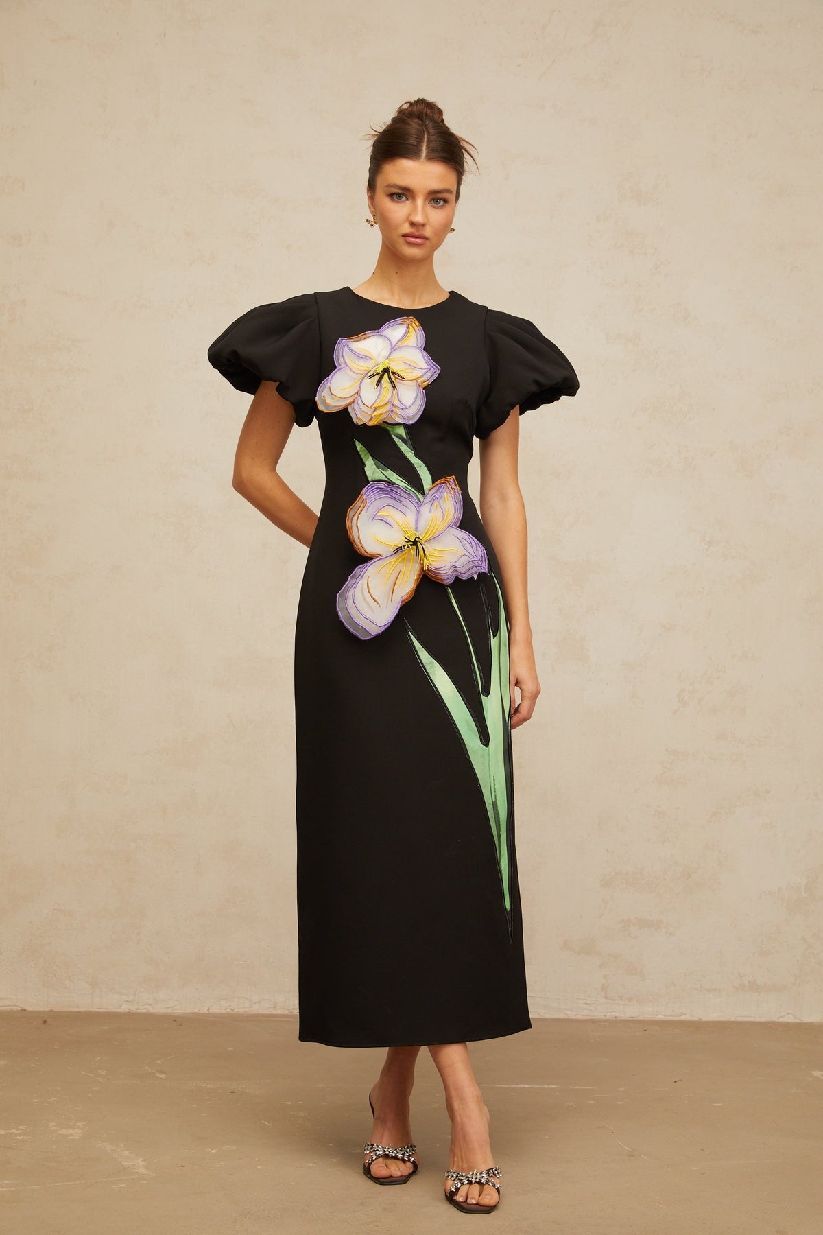 Irène black sequined floral-embroidered midi dress