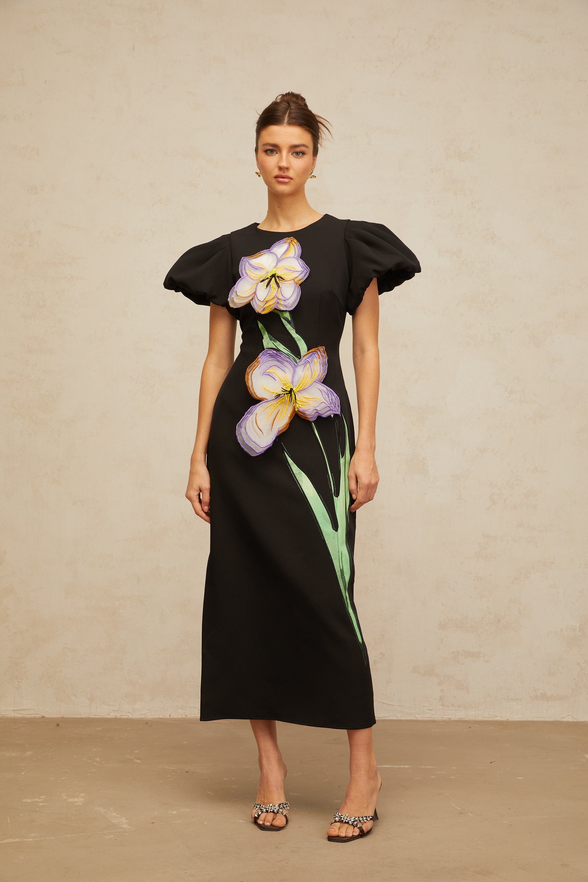 Irène black sequined floral-embroidered midi dress