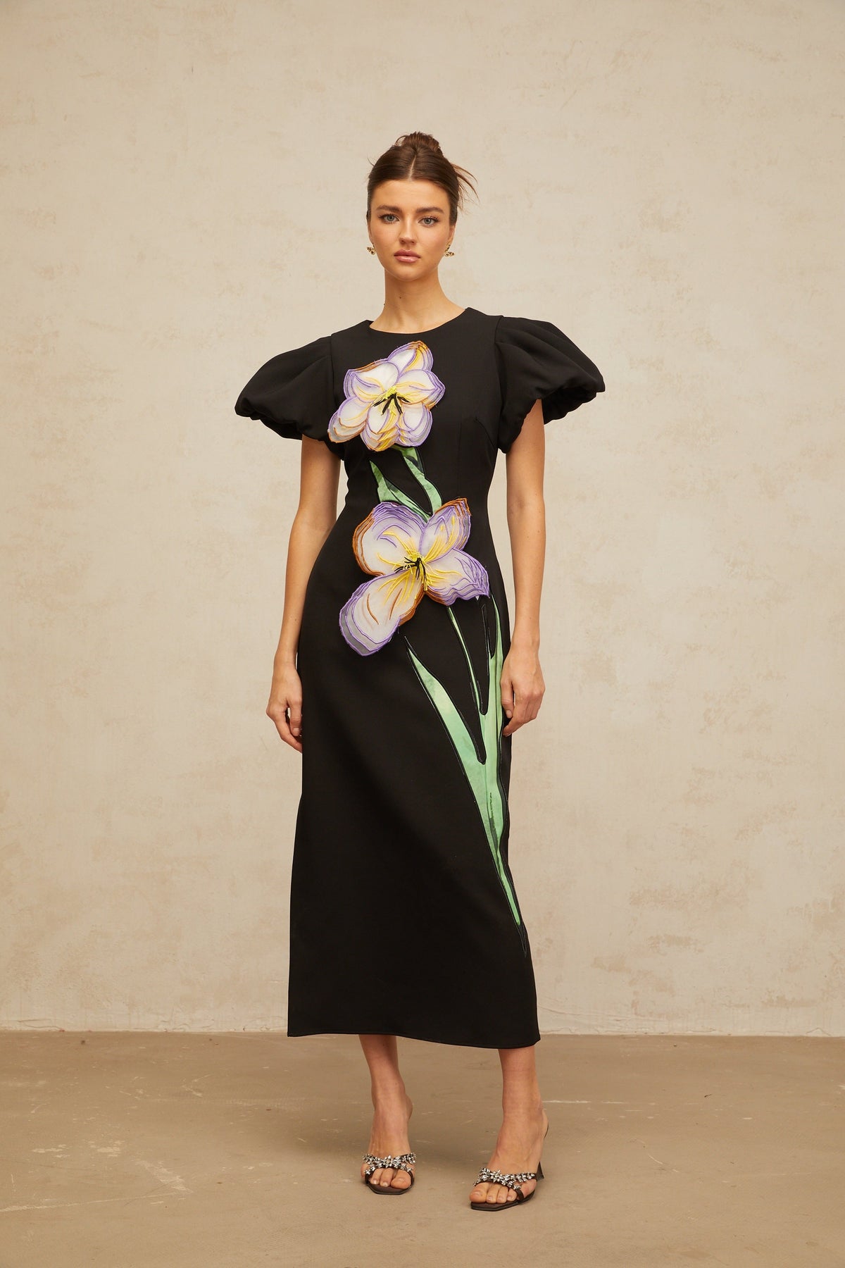 Irène black sequined floral-embroidered midi dress