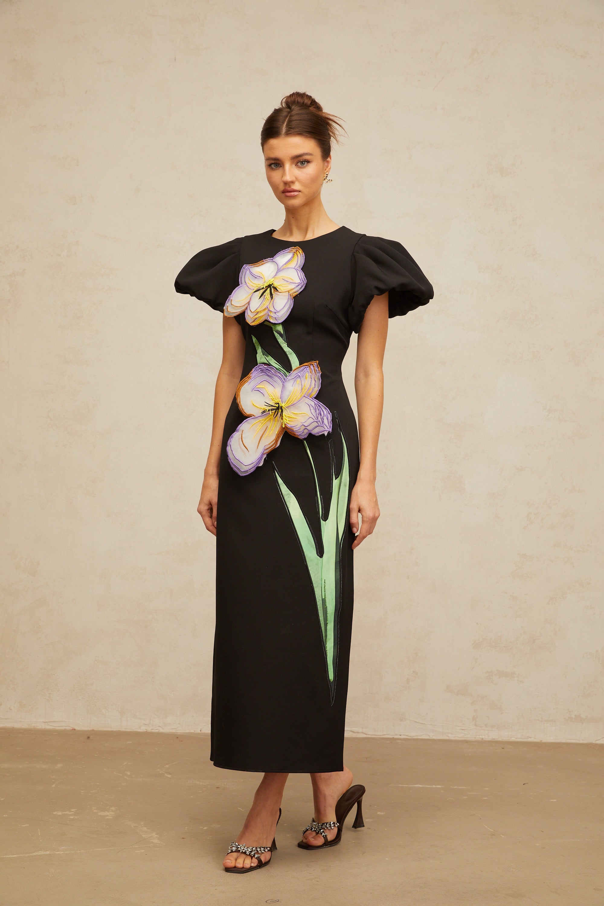 Irène black sequined floral-embroidered midi dress