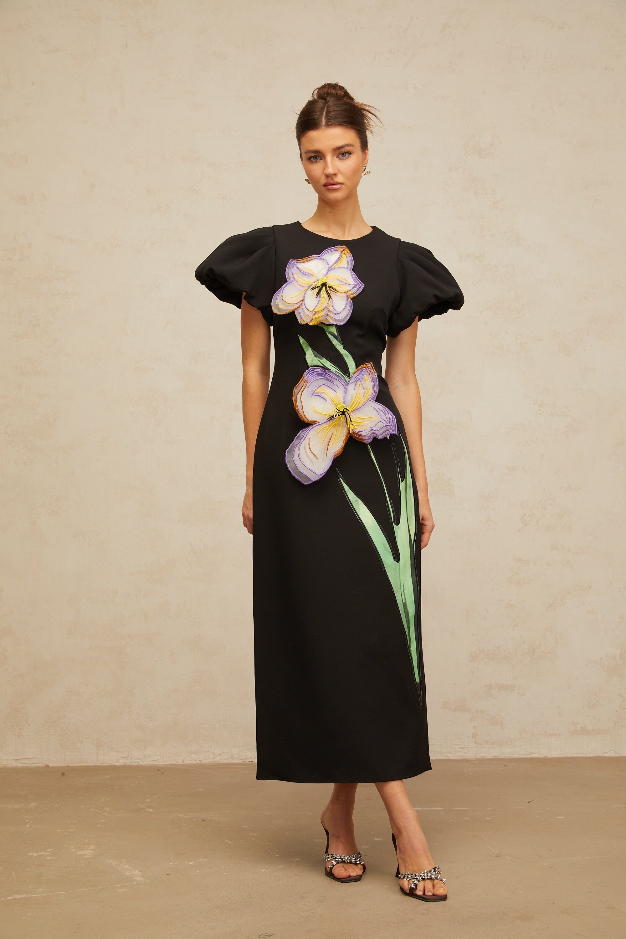 Irène black sequined floral-embroidered midi dress