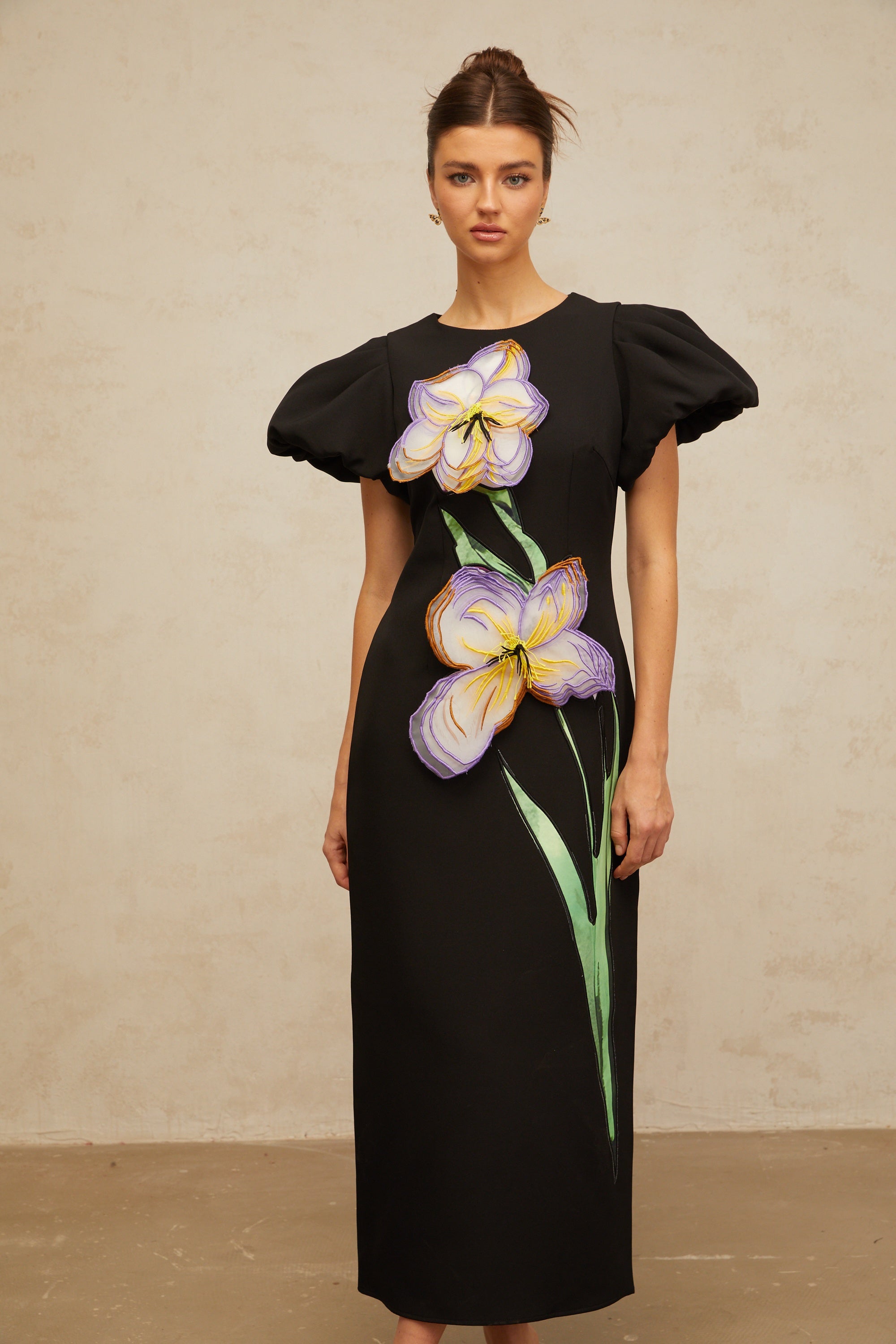 Irène black sequined floral-embroidered midi dress