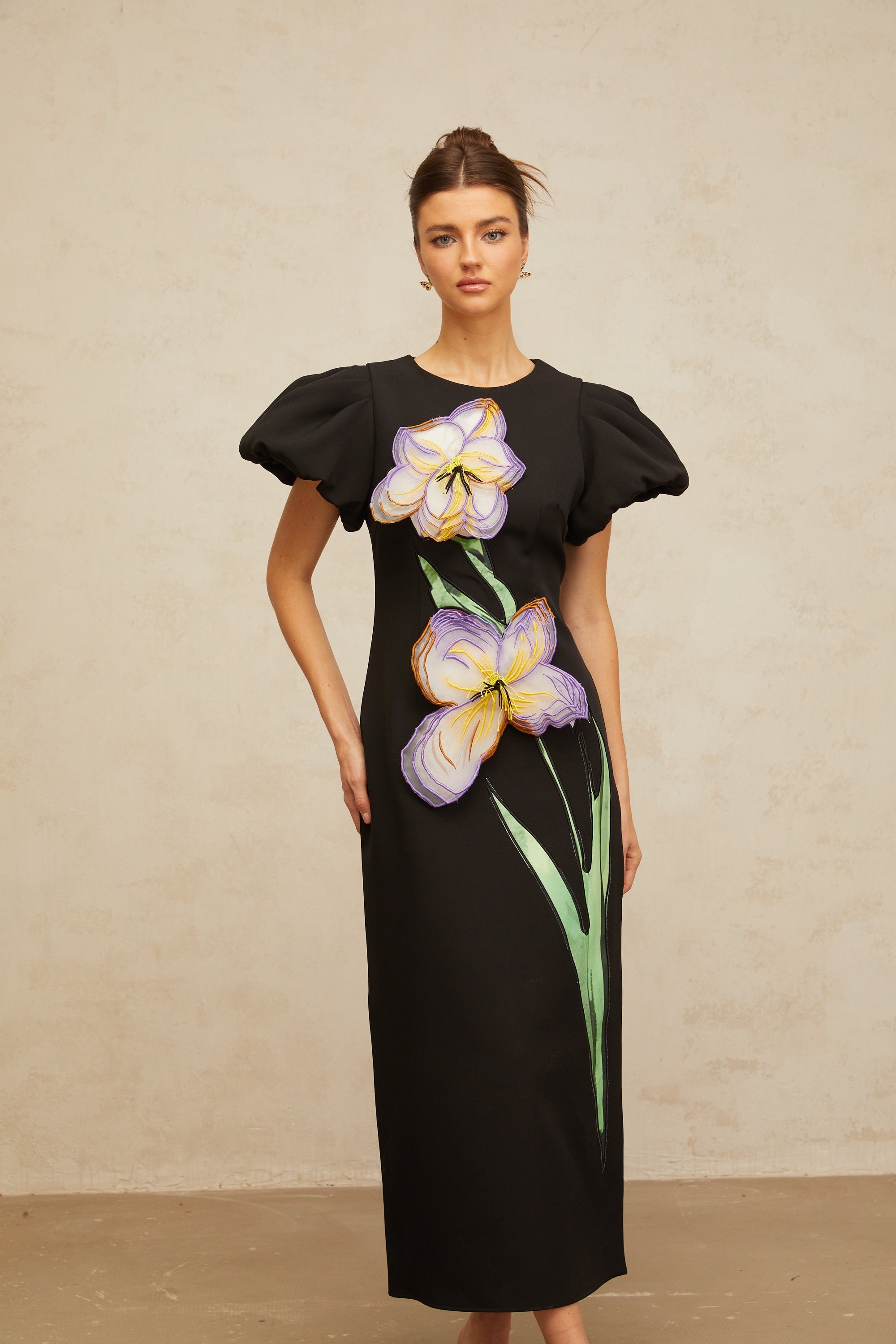 Irène black sequined floral-embroidered midi dress