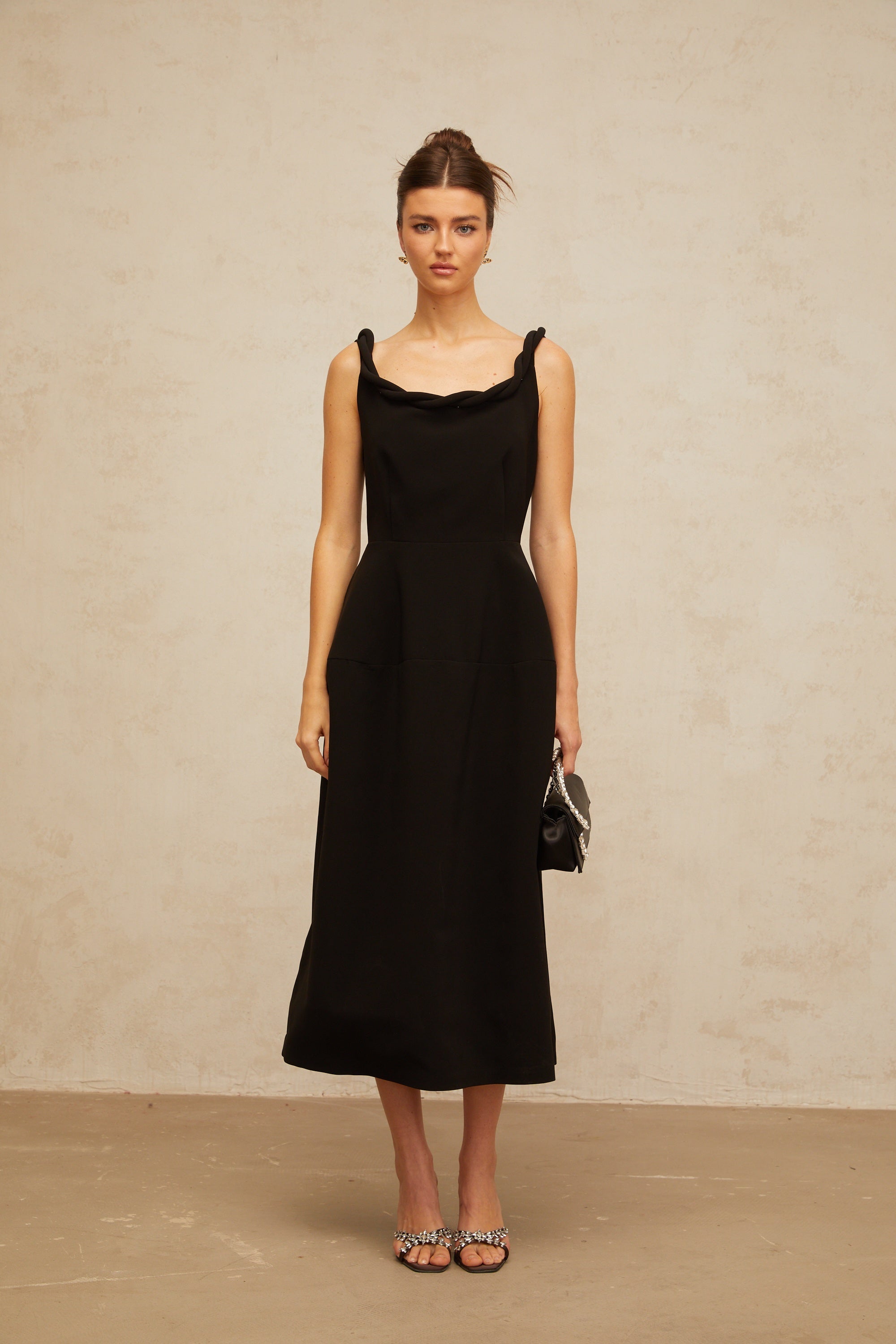 Hermine black braided puff midi dress