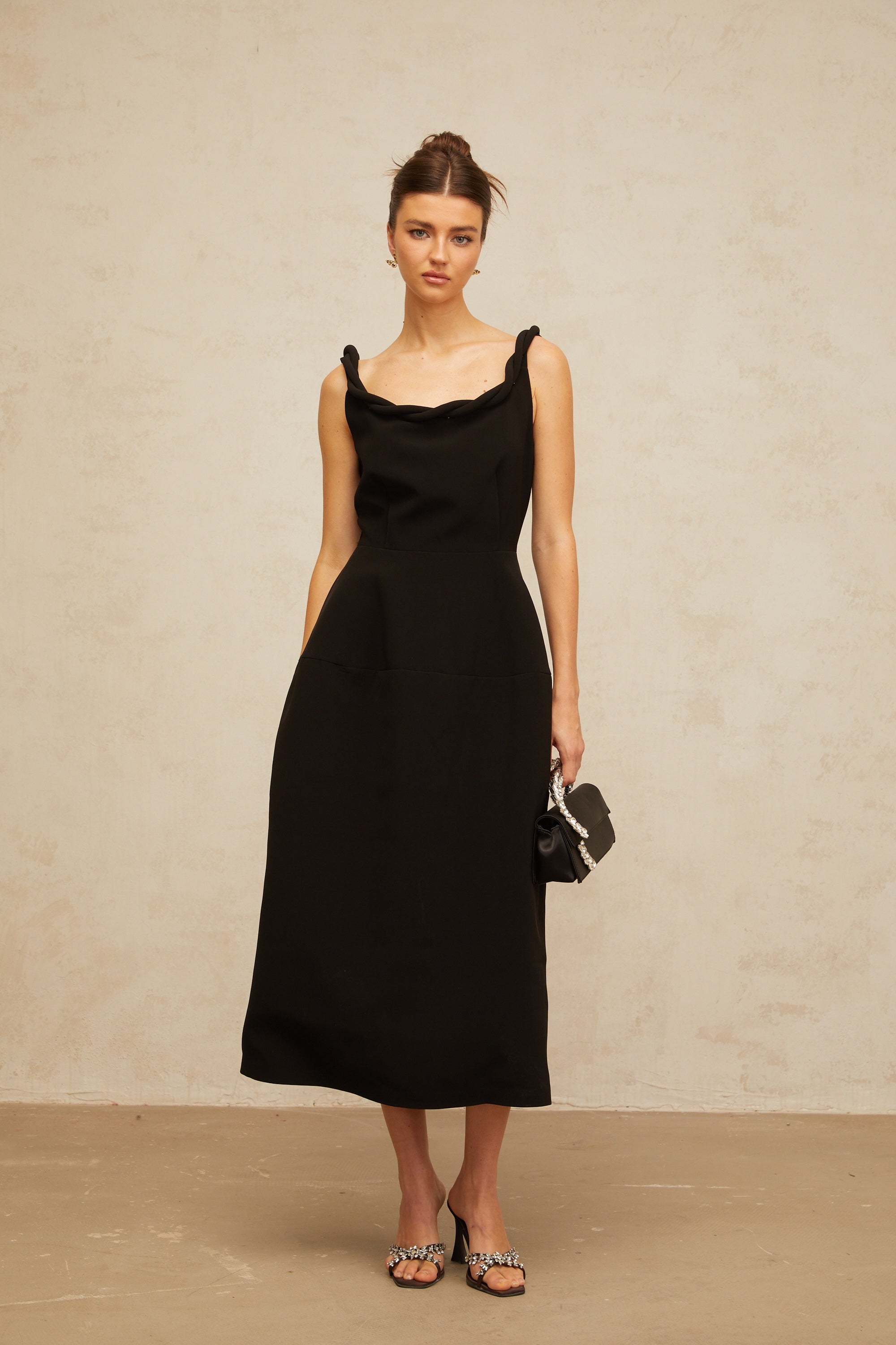 Hermine black braided puff midi dress