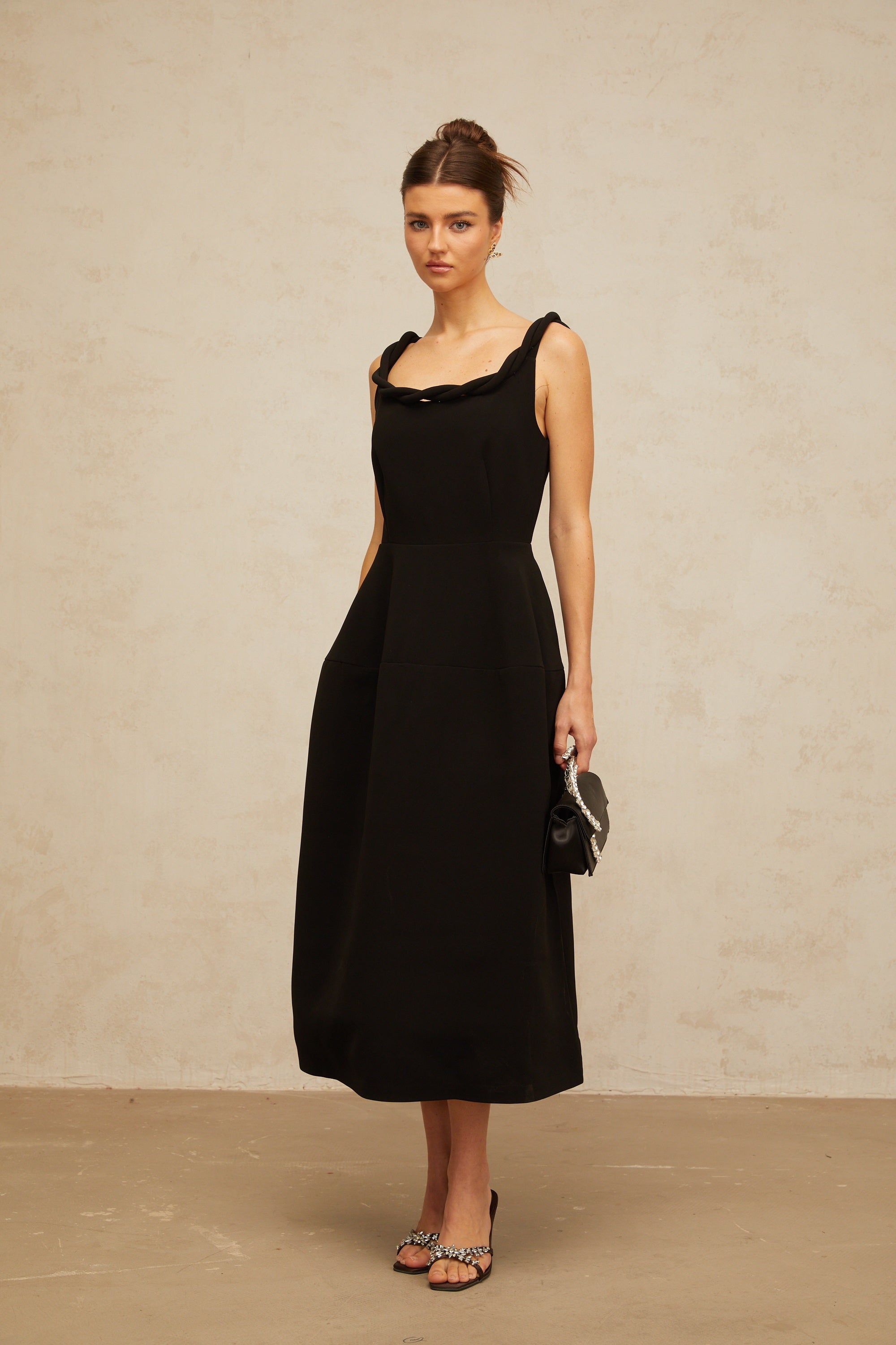 Hermine black braided puff midi dress