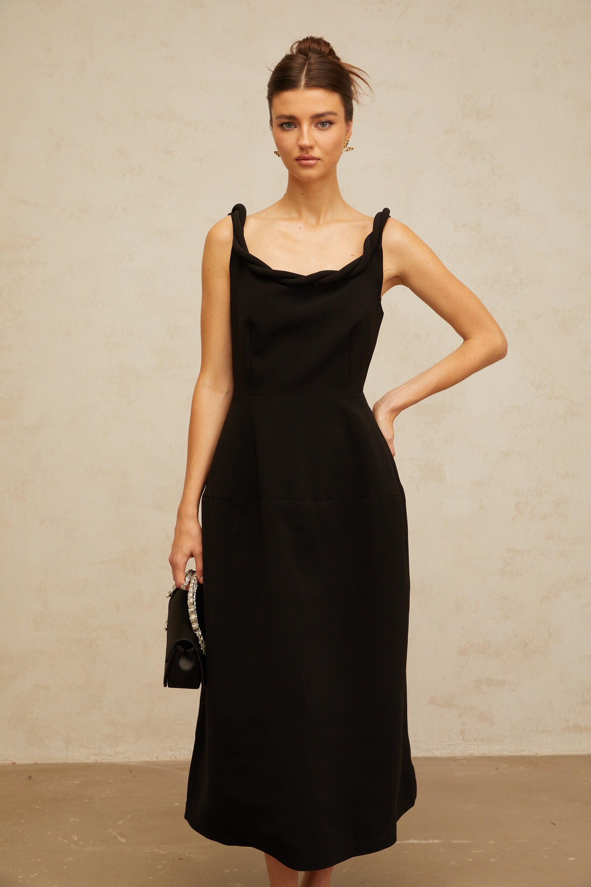 Hermine black braided puff midi dress