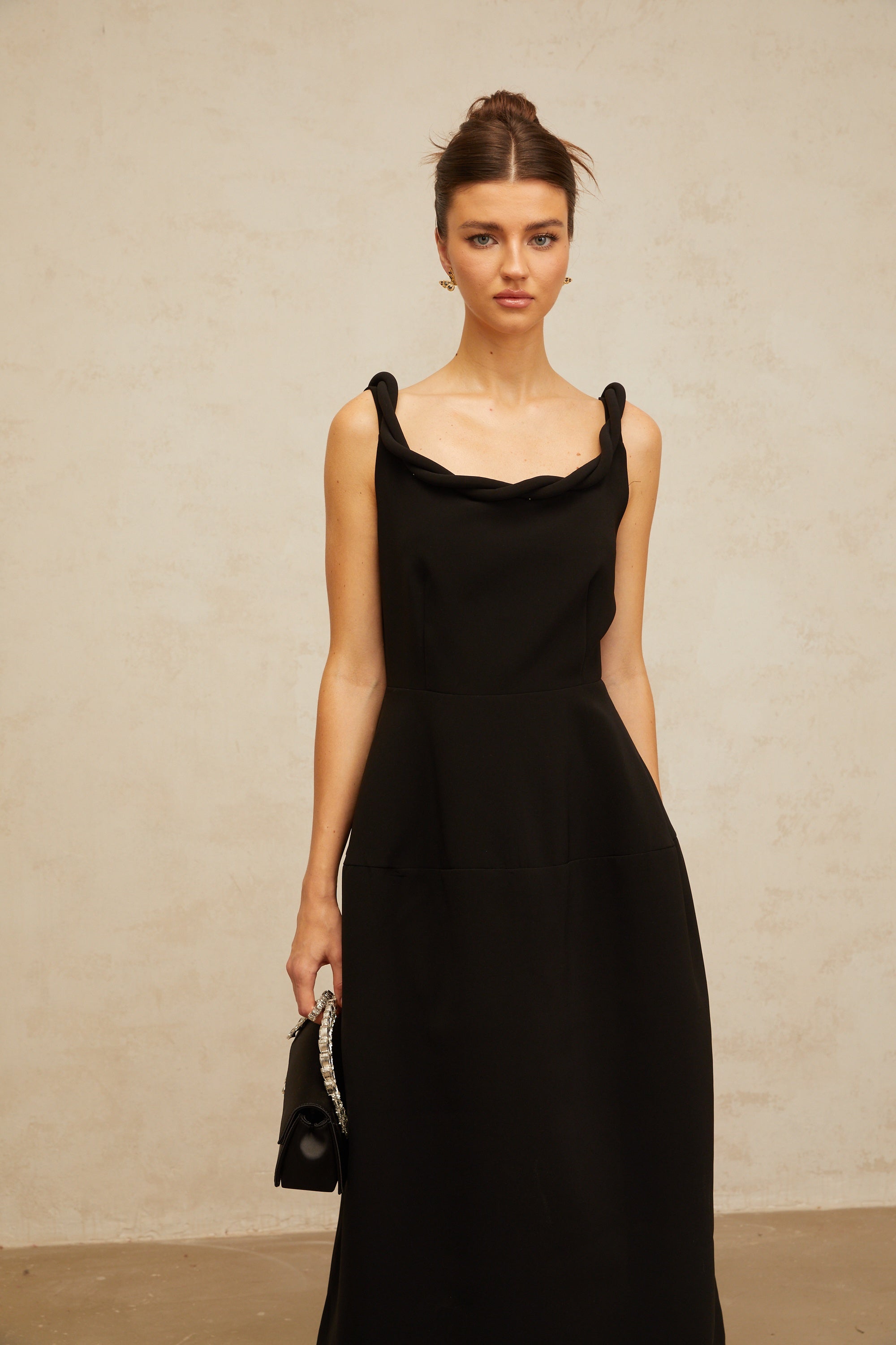 Hermine black braided puff midi dress