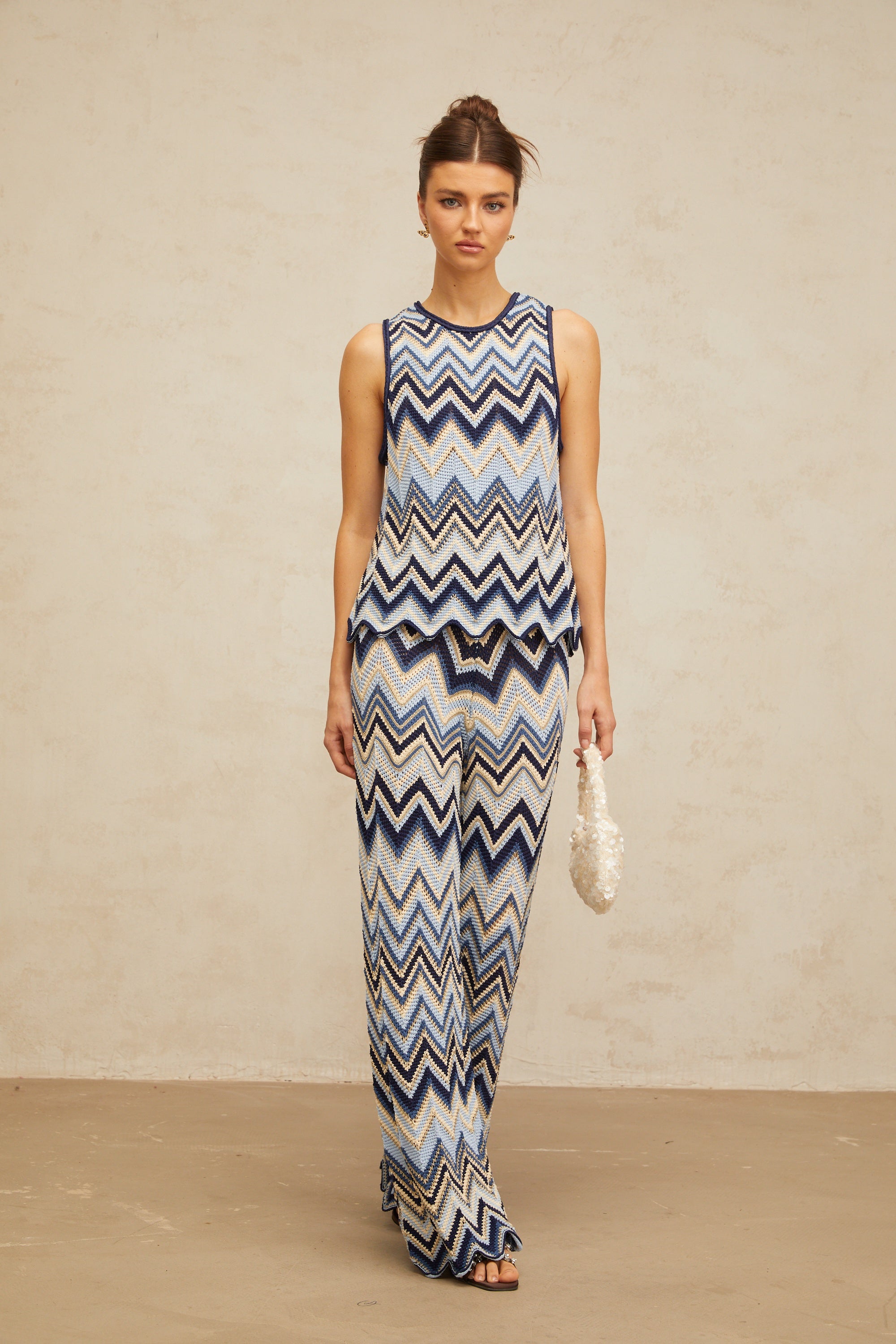 Irina blue zigzag-woven pointelle-knit top & trousers matching set