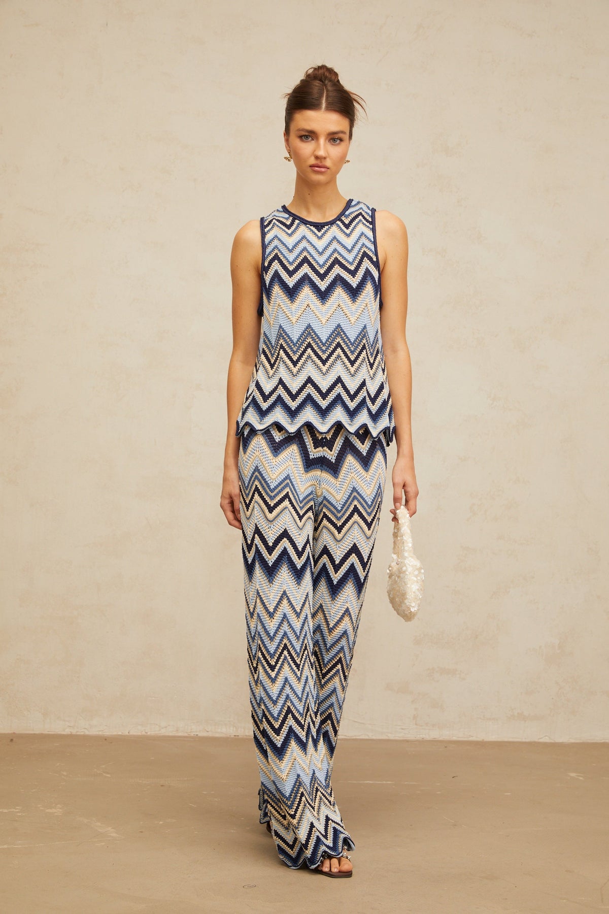 Irina blue zigzag-woven pointelle-knit top & trousers matching set (Final Sale)