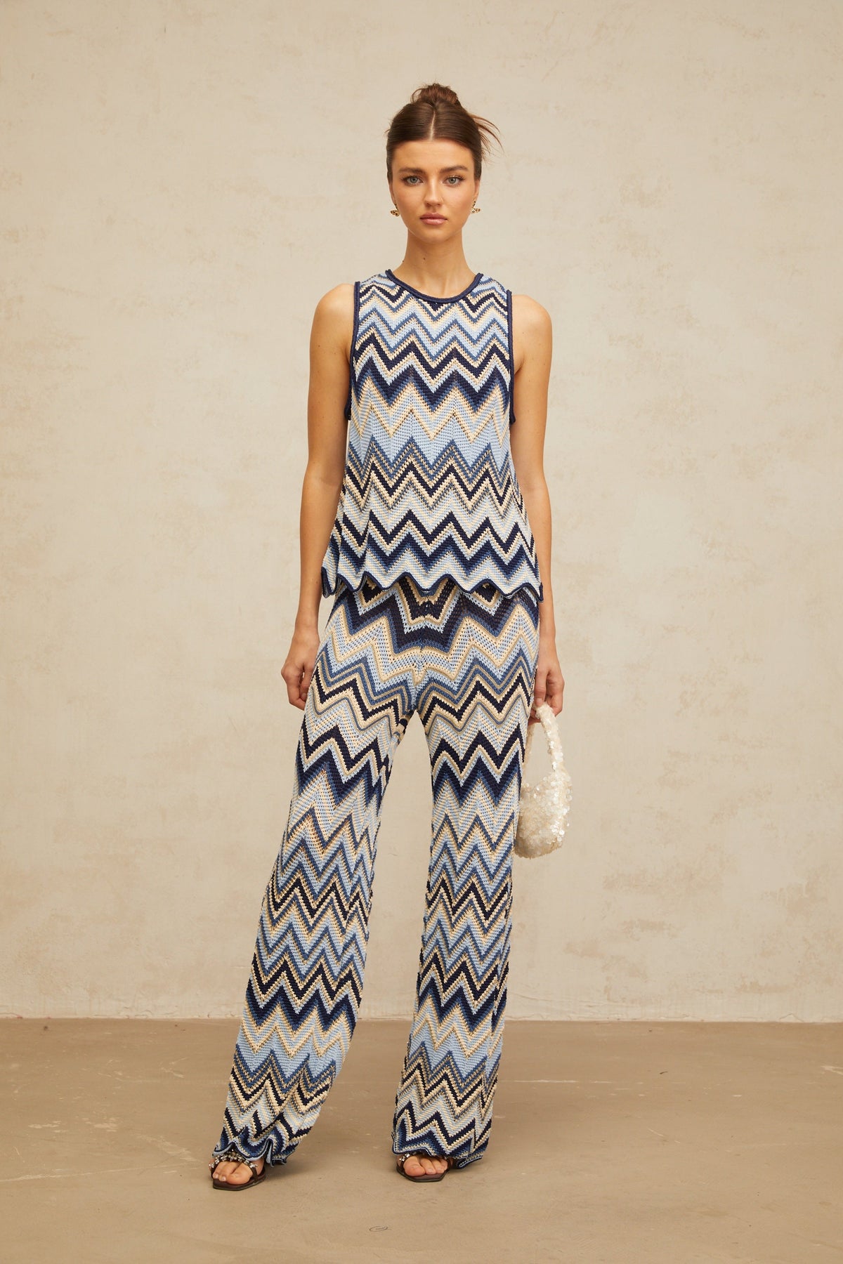 Irina blue zigzag-woven pointelle-knit top & trousers matching set (Final Sale)