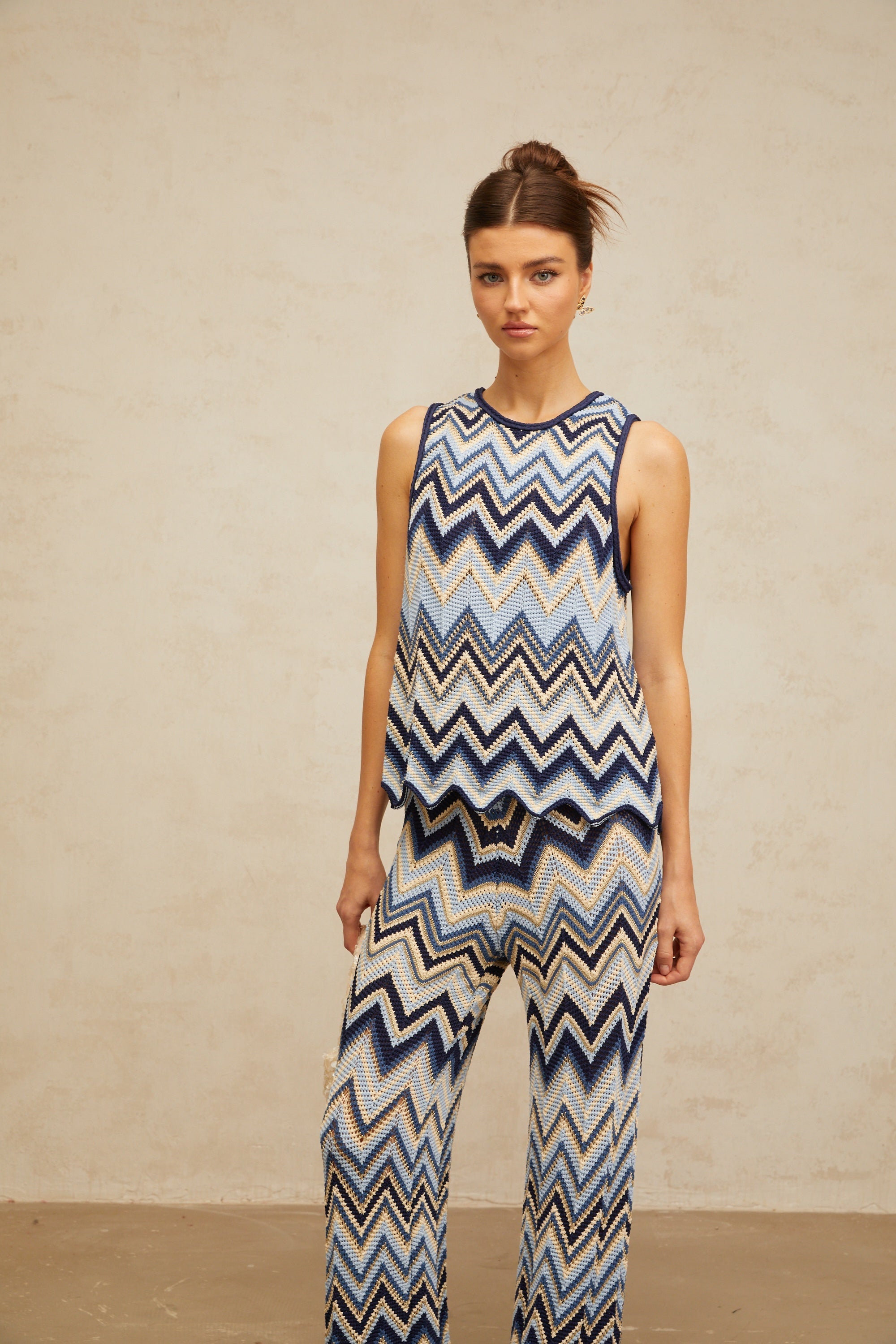Irina blue zigzag-woven pointelle-knit top & trousers matching set