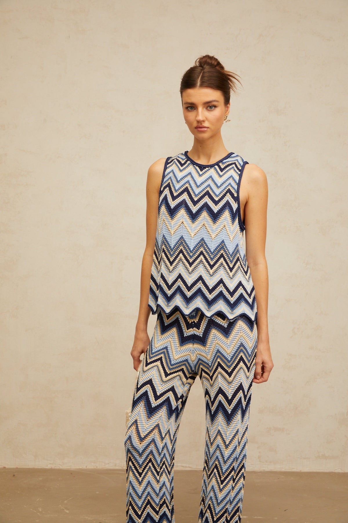 Irina blue zigzag-woven pointelle-knit top & trousers matching set (Final Sale)