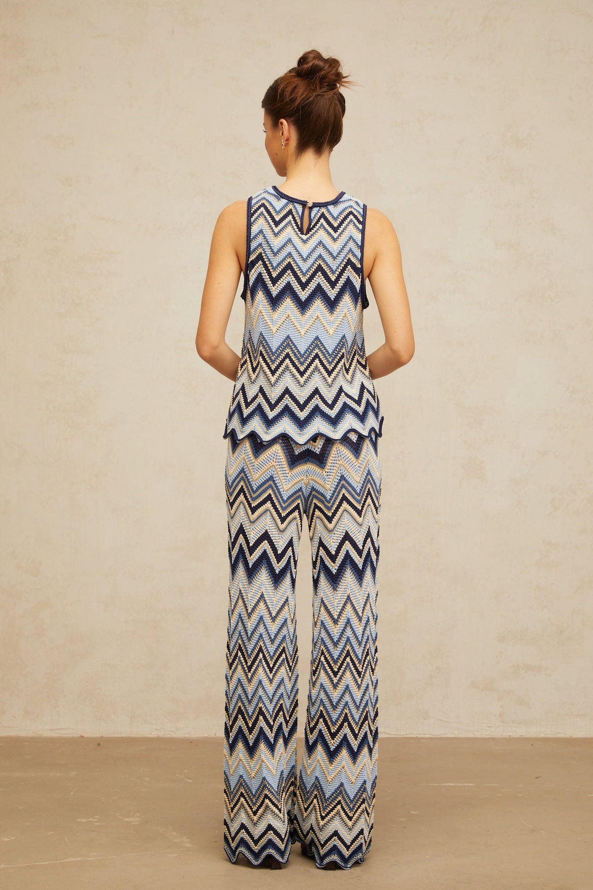 Irina blue zigzag-woven pointelle-knit top & trousers matching set (Final Sale)