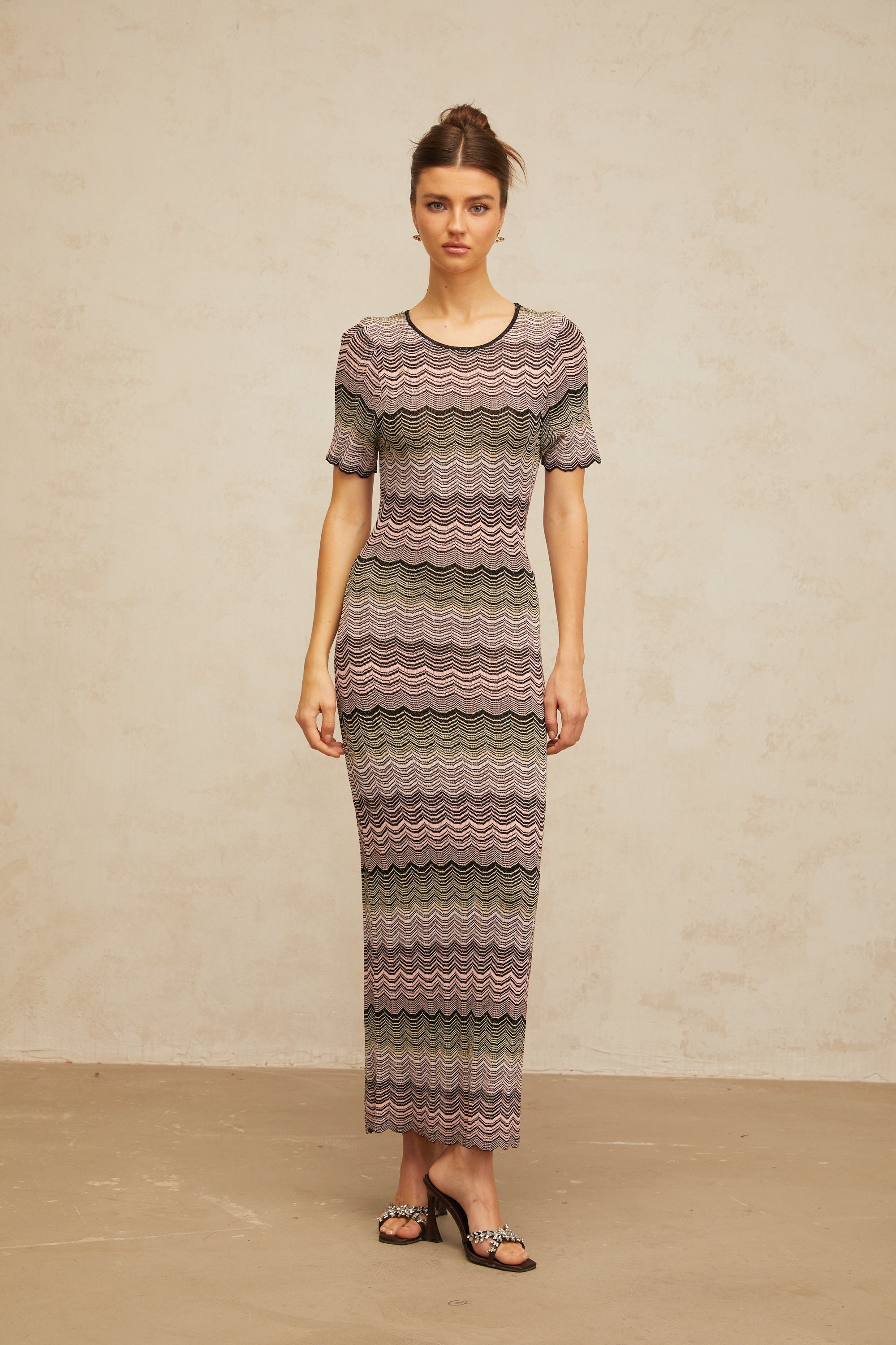 Louane pink wavy-crochet knit maxi dress