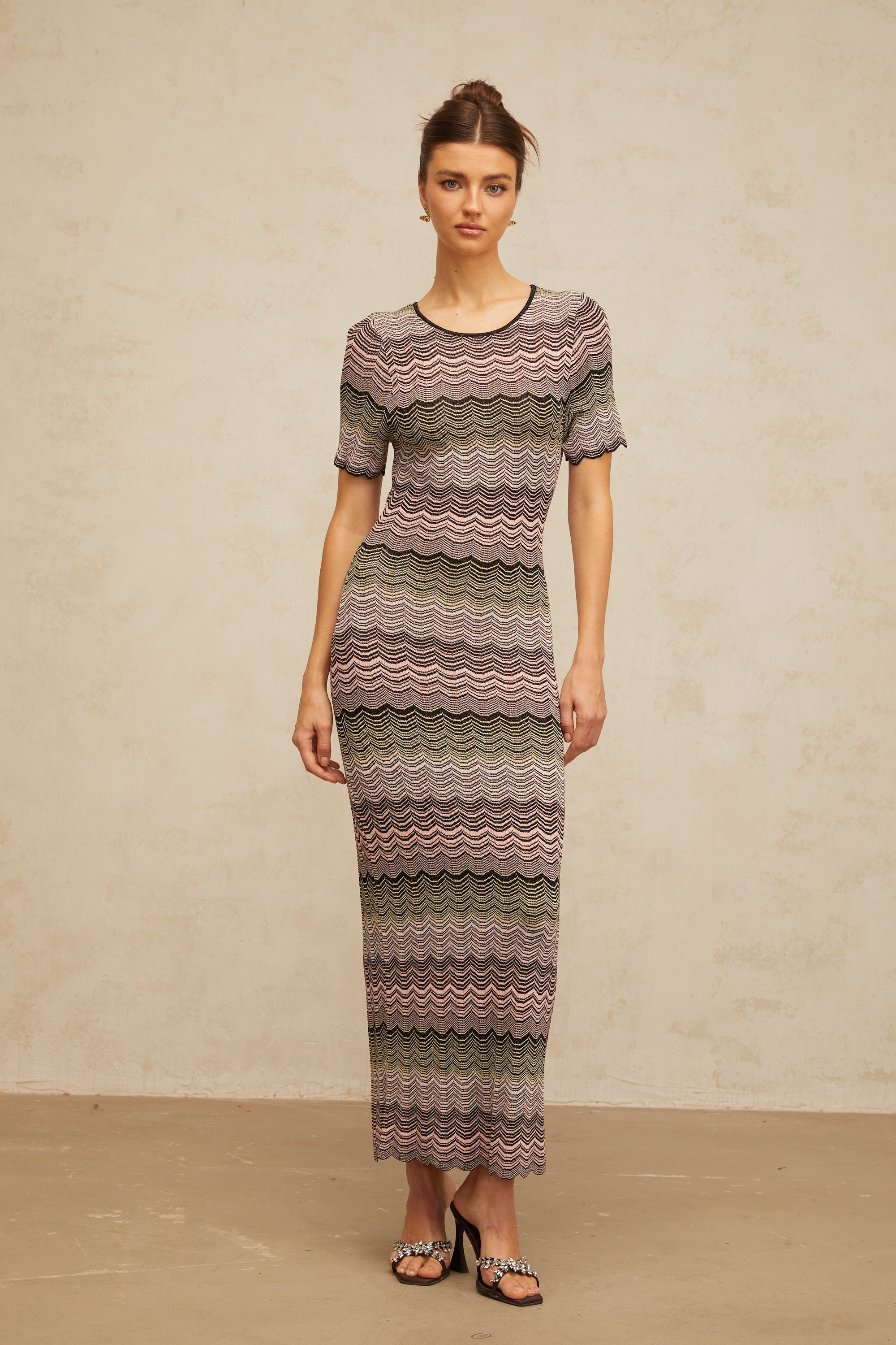 Louane pink wavy-crochet knit maxi dress