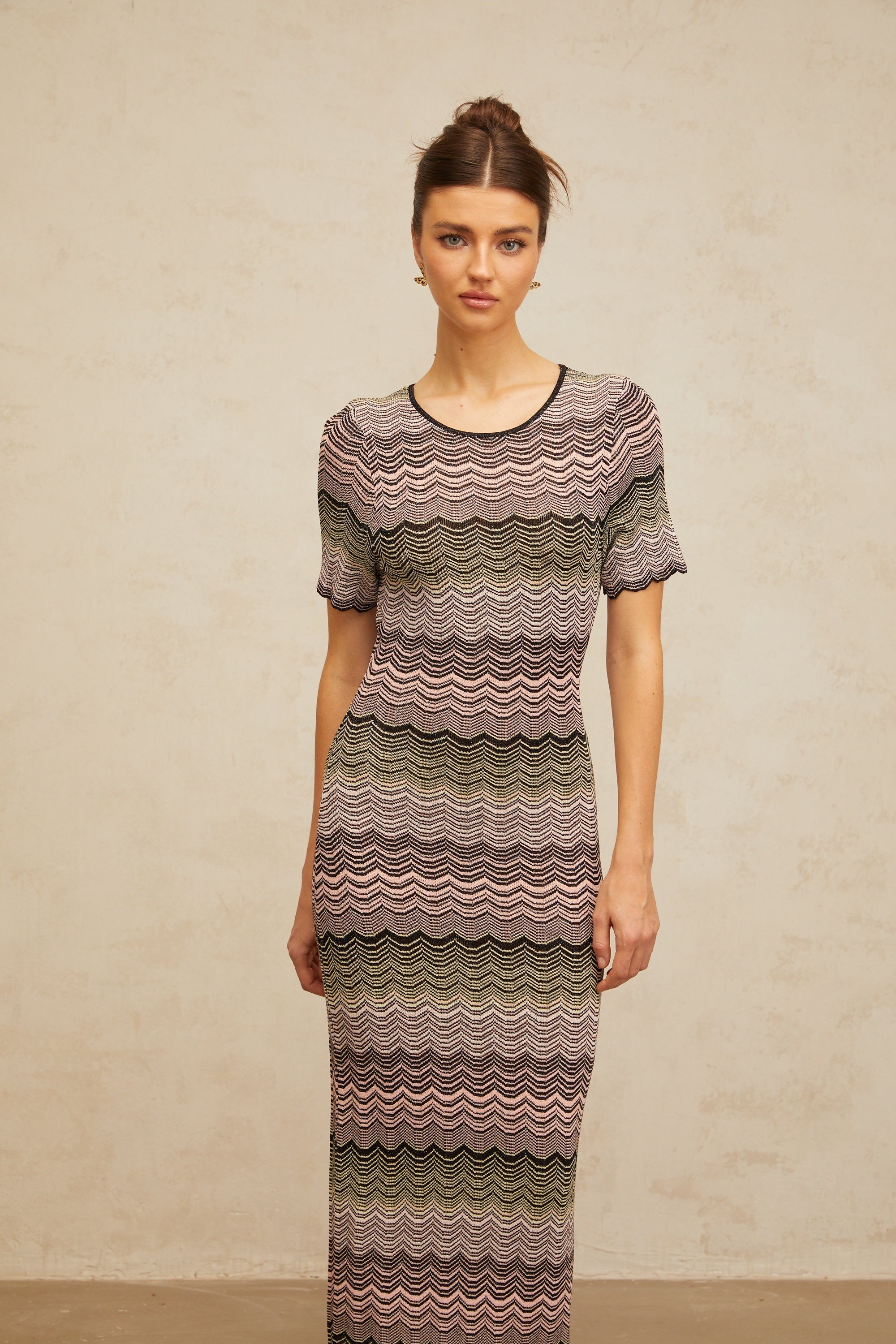 Louane pink wavy-crochet knit maxi dress