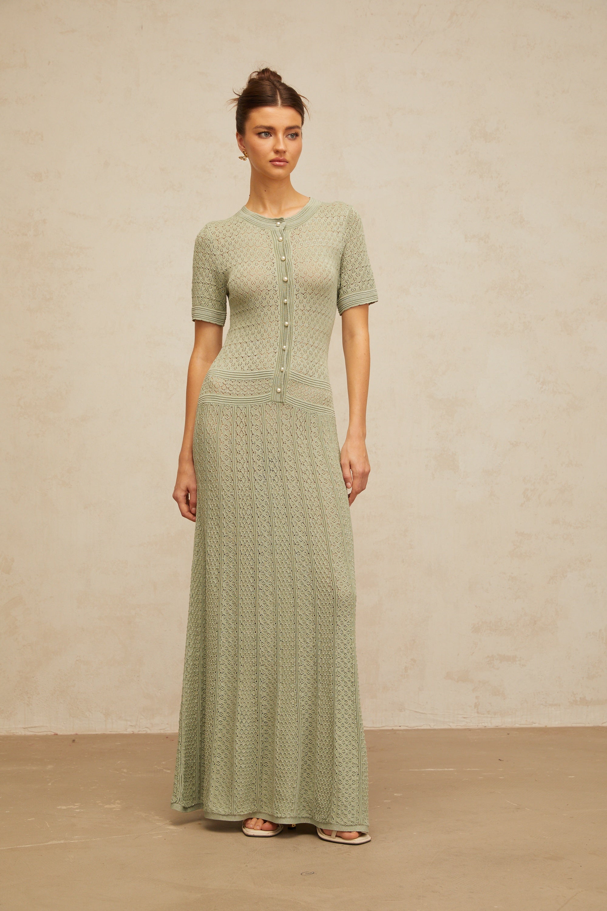 Siena green shirred crochet-knit maxi dress