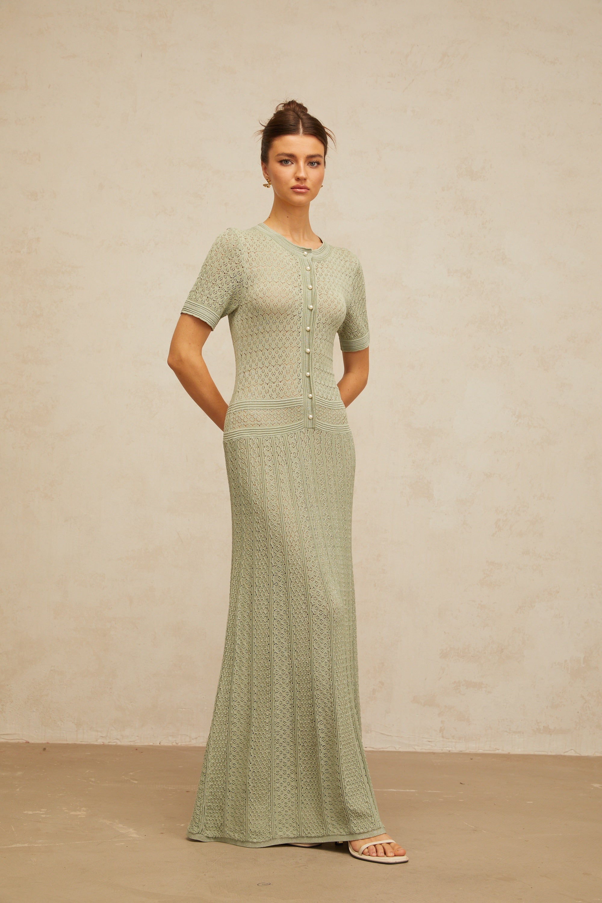 Siena green shirred crochet-knit maxi dress