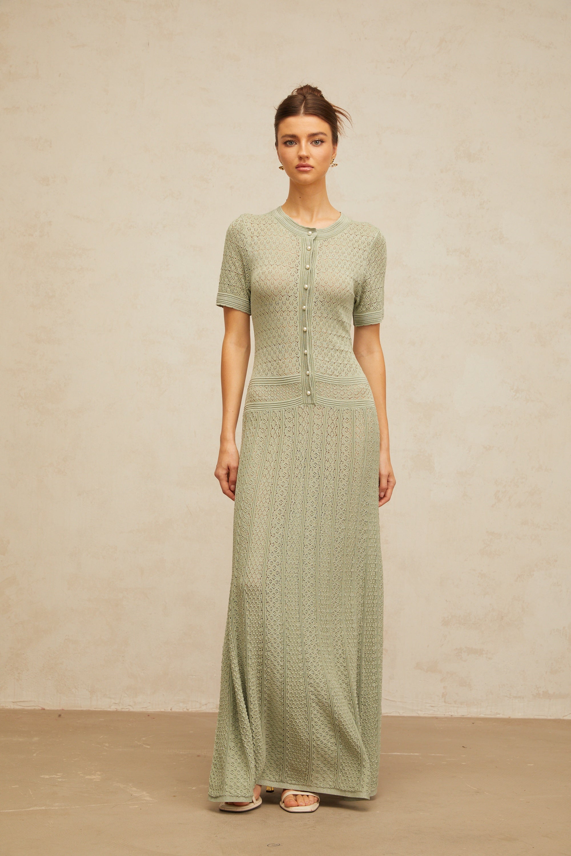Siena green shirred crochet-knit maxi dress