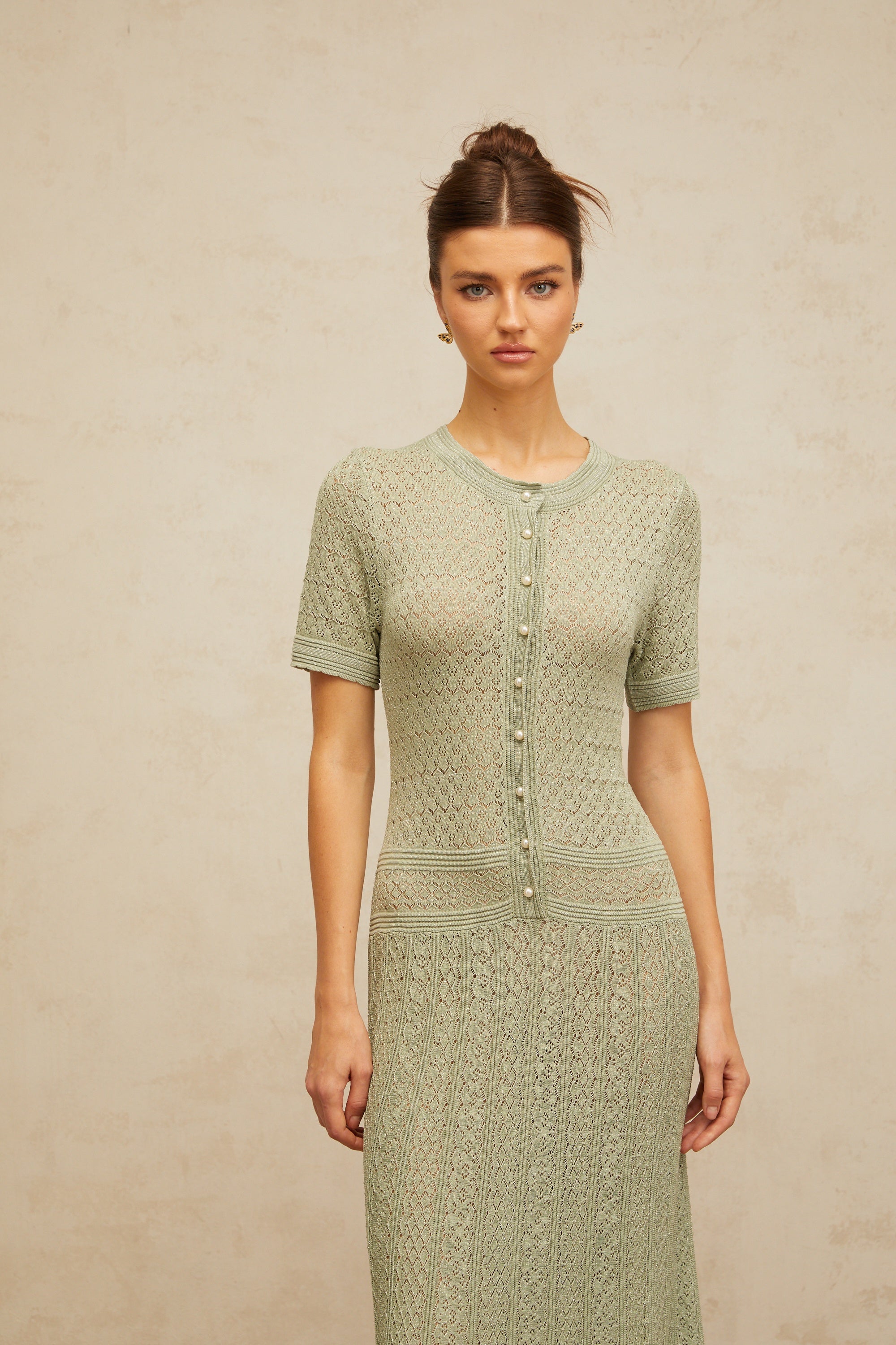 Siena green shirred crochet-knit maxi dress (Final Sale-US Only)