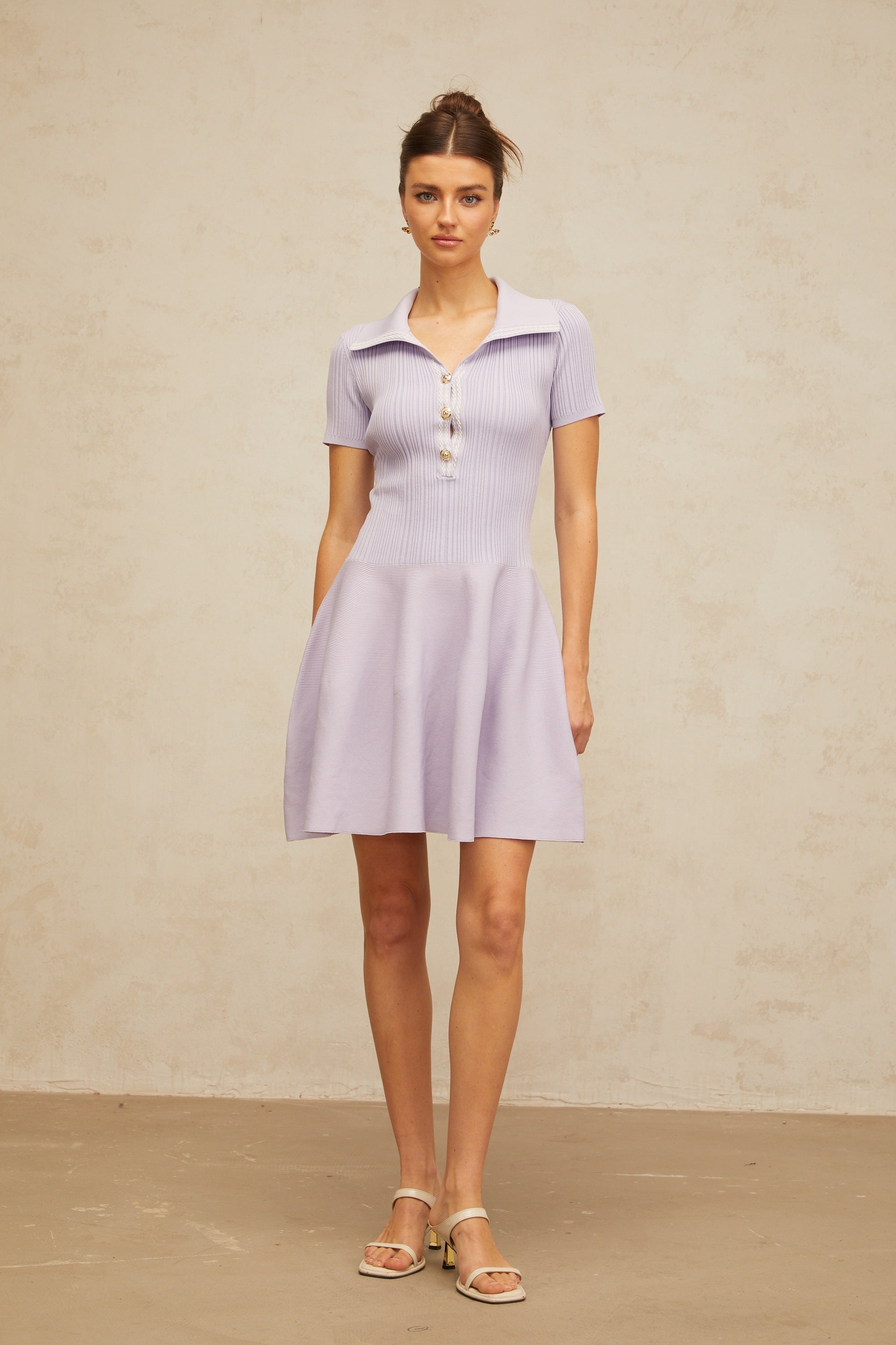 Vanessa lilac shirred flared knit mini dress