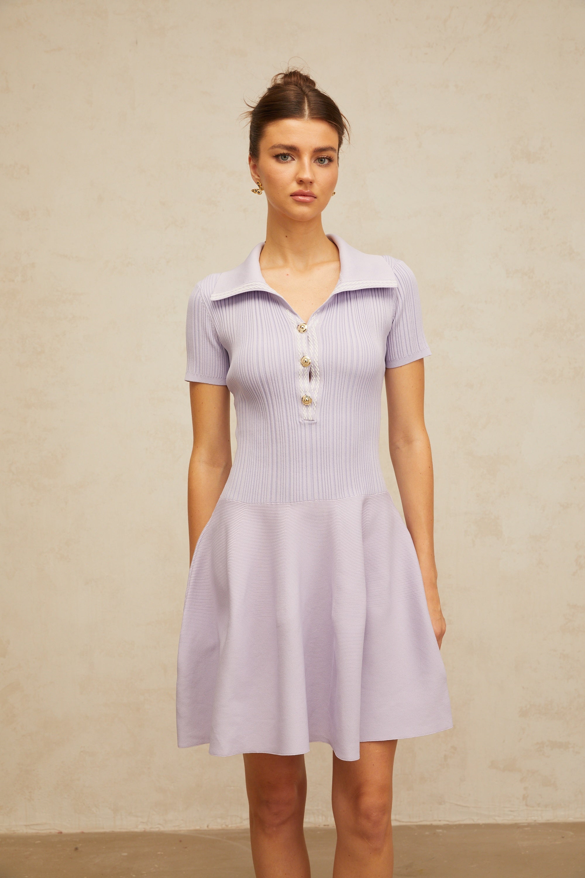 Vanessa lilac shirred flared knit mini dress