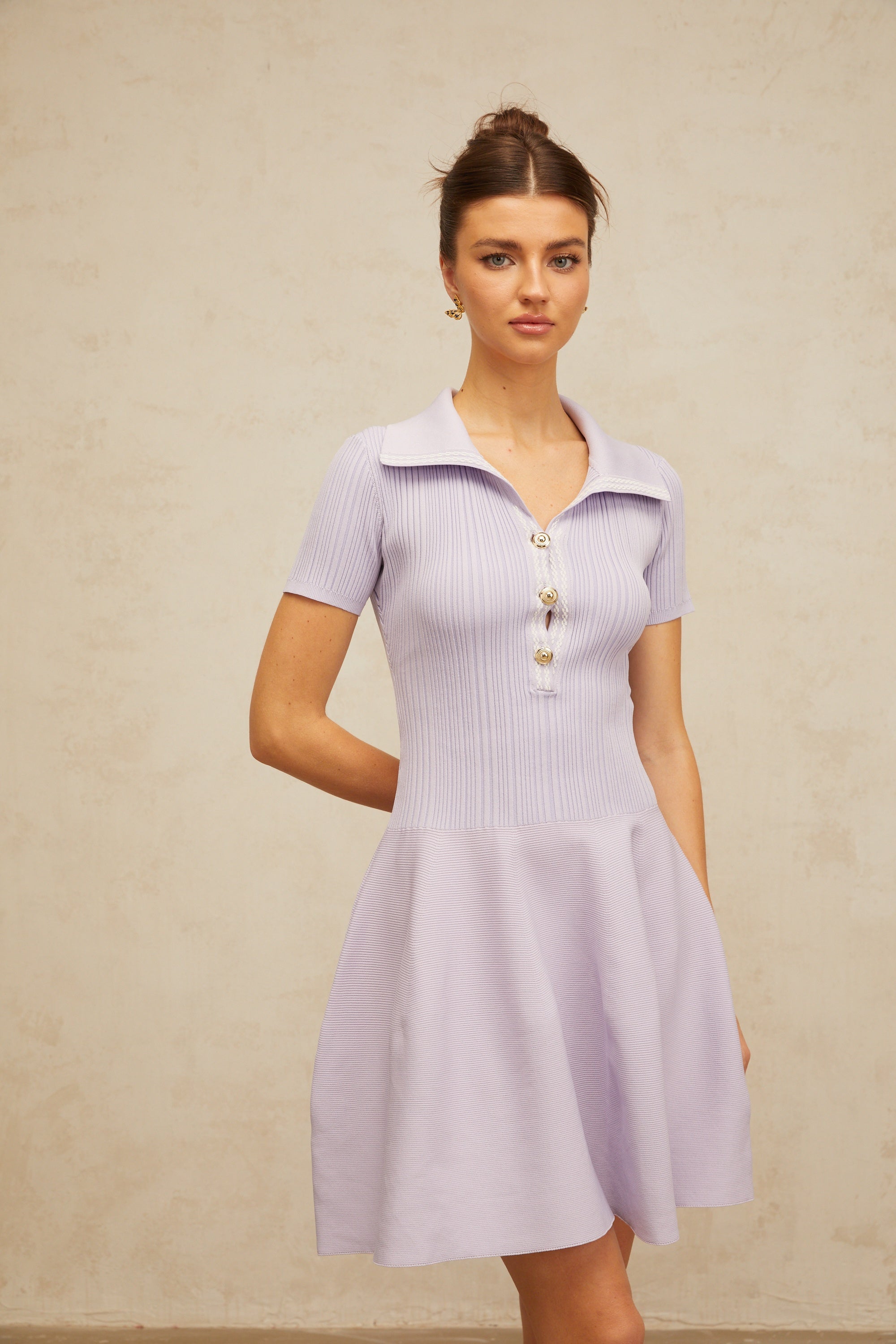 Vanessa lilac shirred flared knit mini dress