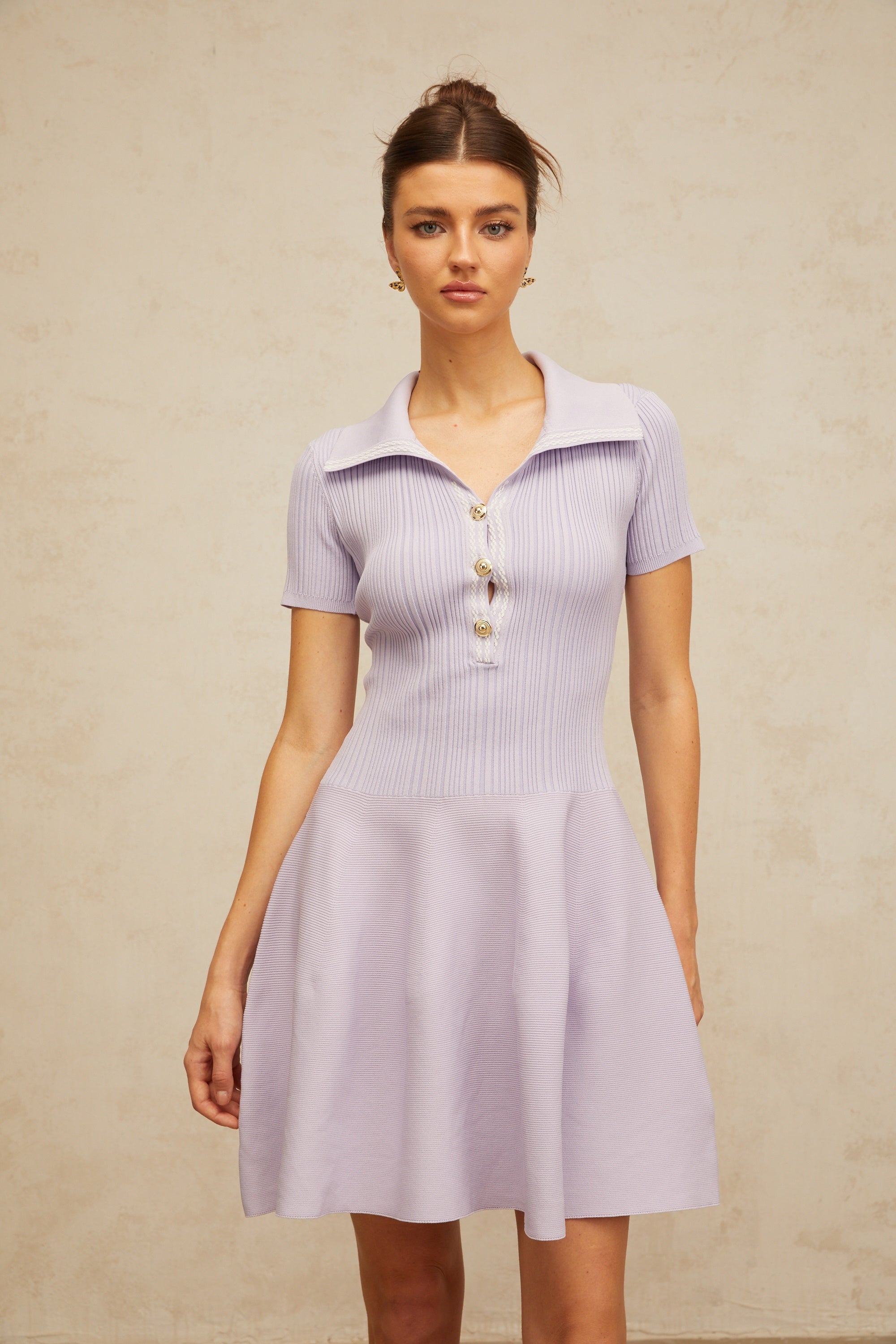 Vanessa lilac shirred flared knit mini dress