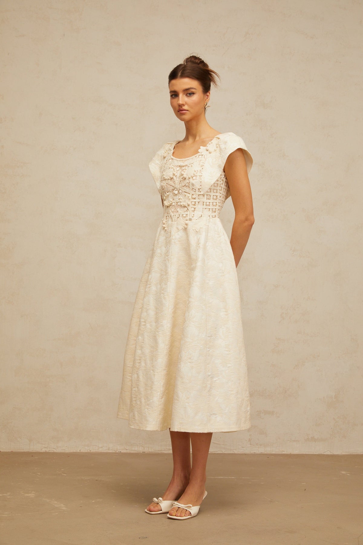 Xenia neutrals floral-embroidered embellished midi dress (Final Sale-US Only)