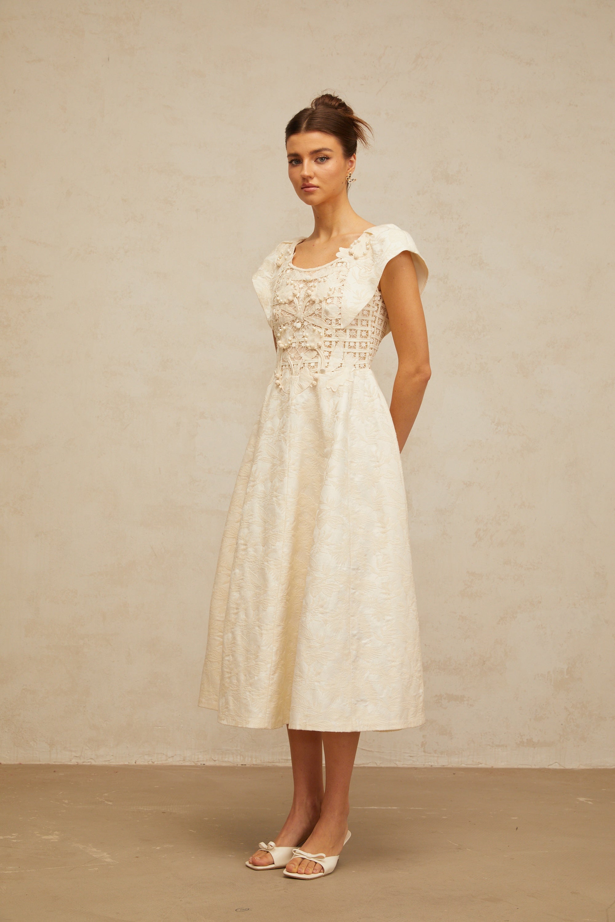 Xenia neutrals floral-embroidered embellished midi dress