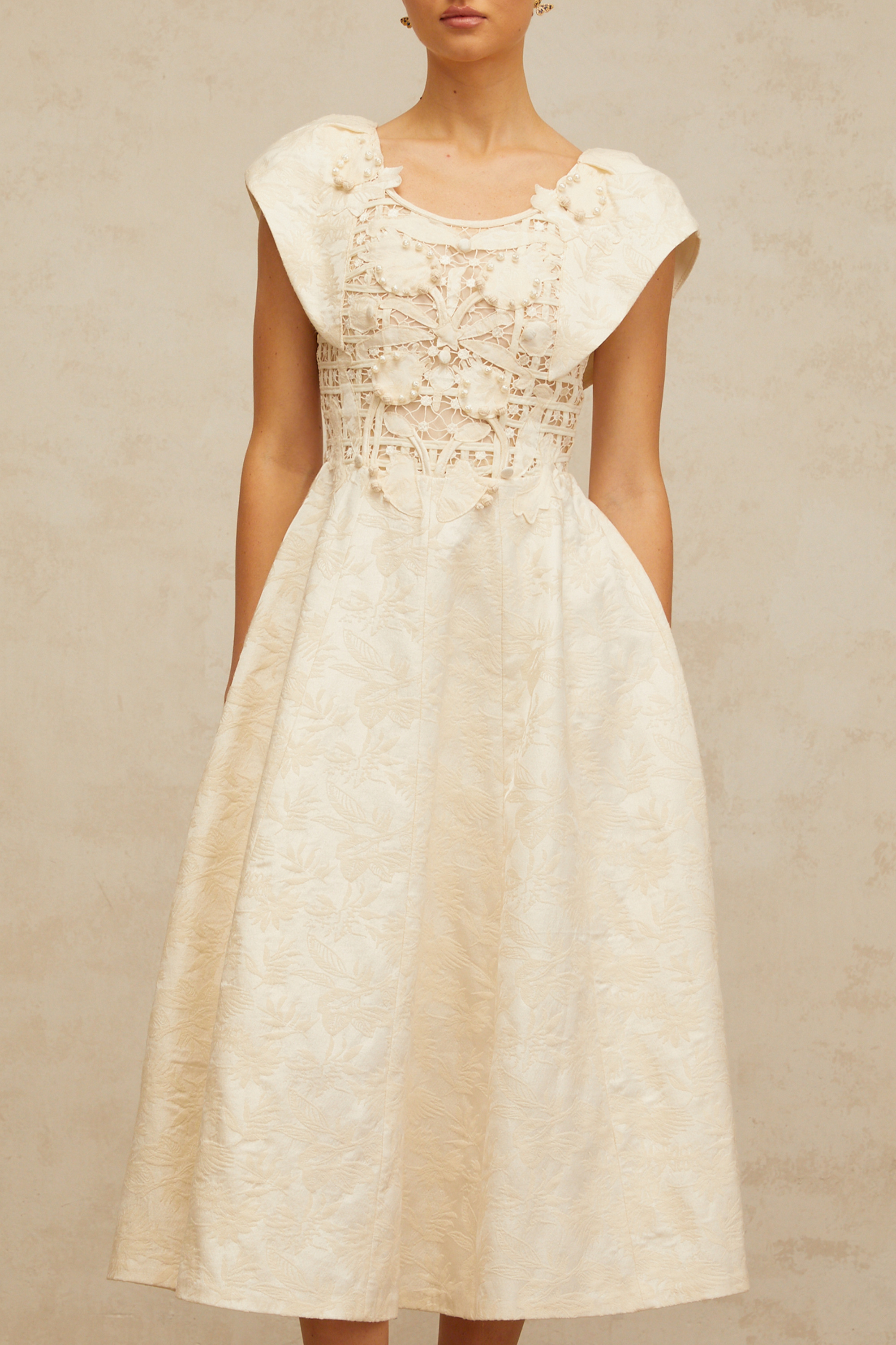 Xenia neutrals floral-embroidered embellished midi dress (Final Sale-US Only)