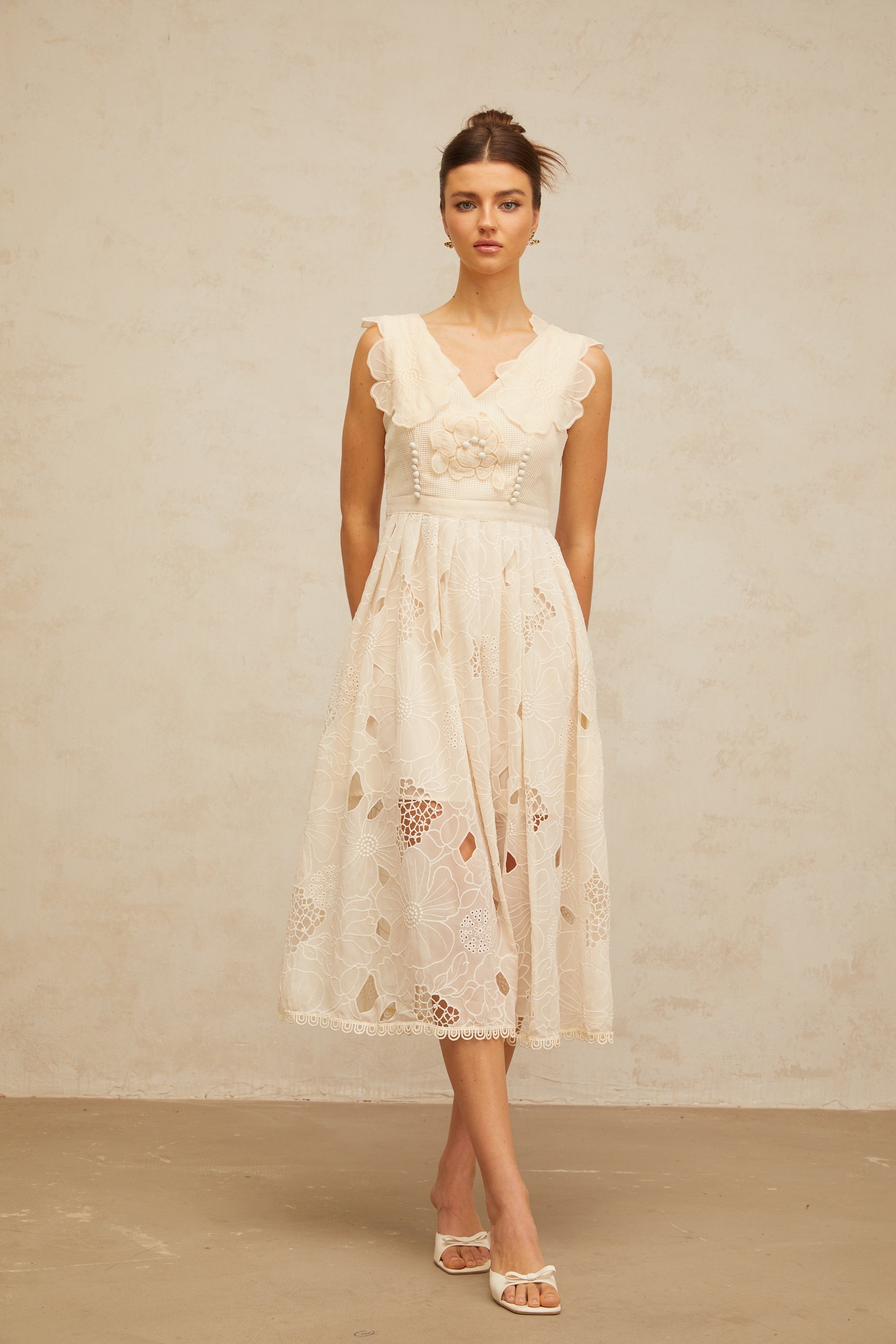 Anaïs neutrals beaded floral-embroidered midi dress (Final Sale-US Only)