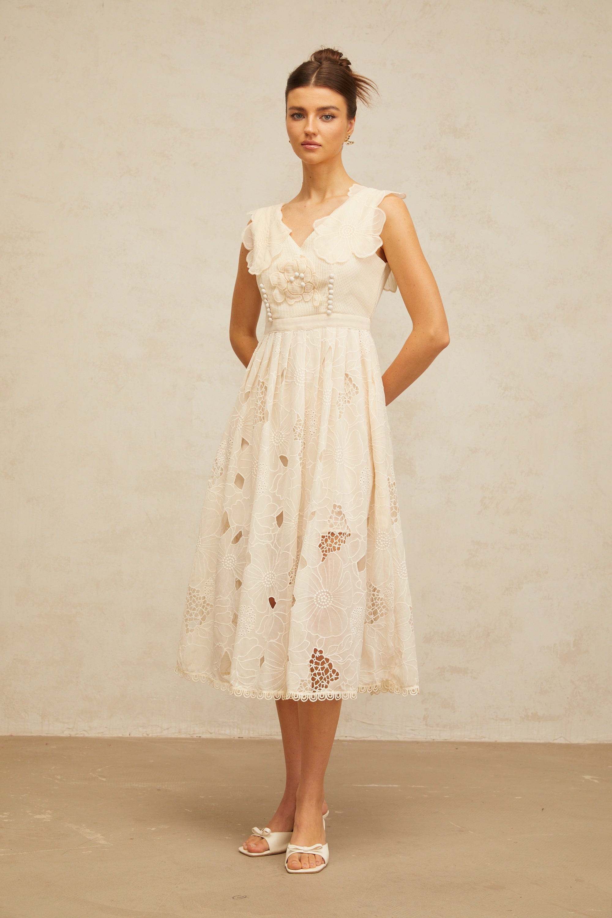 Anaïs neutrals beaded floral-embroidered midi dress