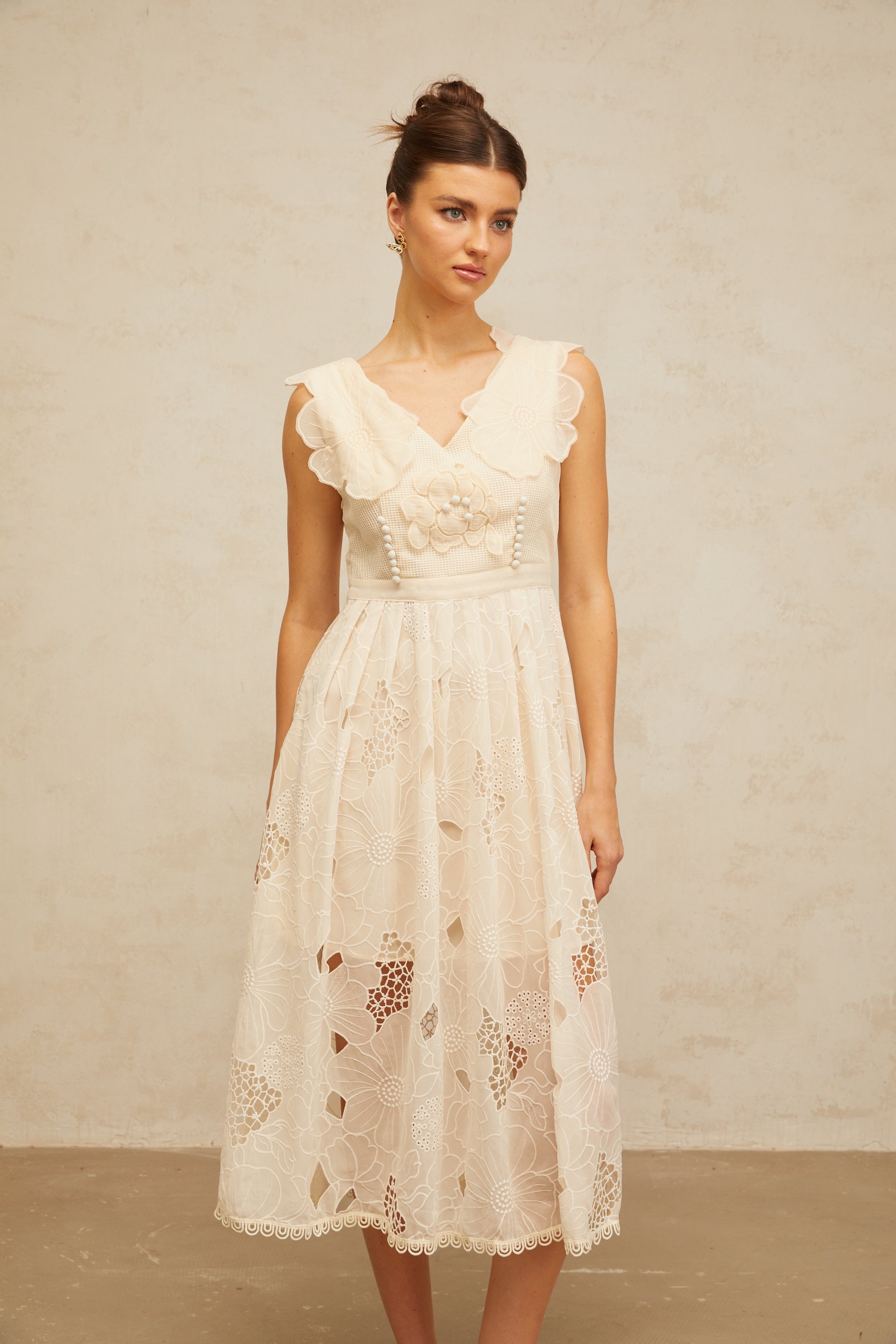 Anaïs neutrals beaded floral-embroidered midi dress (Final Sale-US Only)