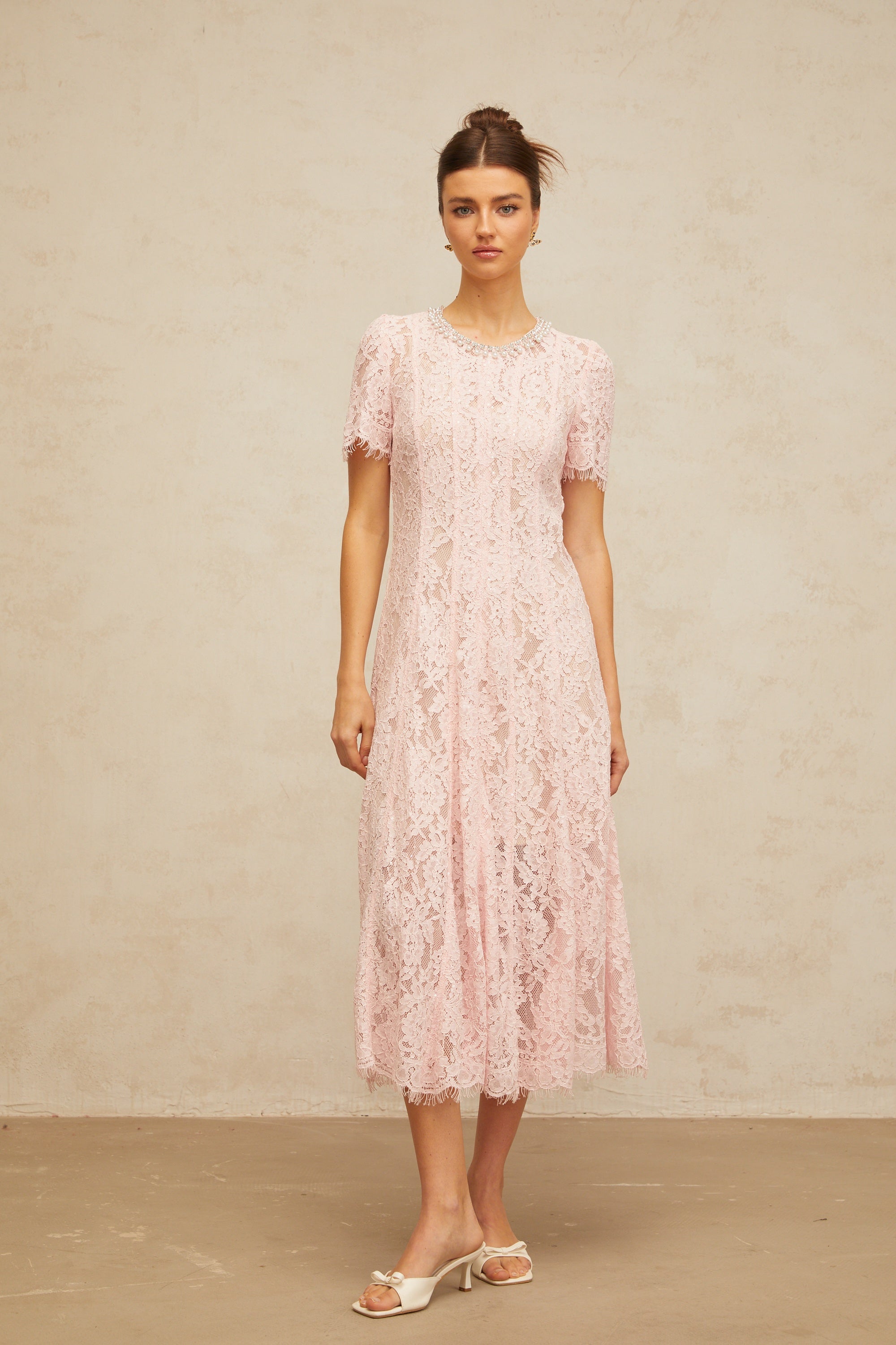 Dulcie pink embellished floral-lace midi dress