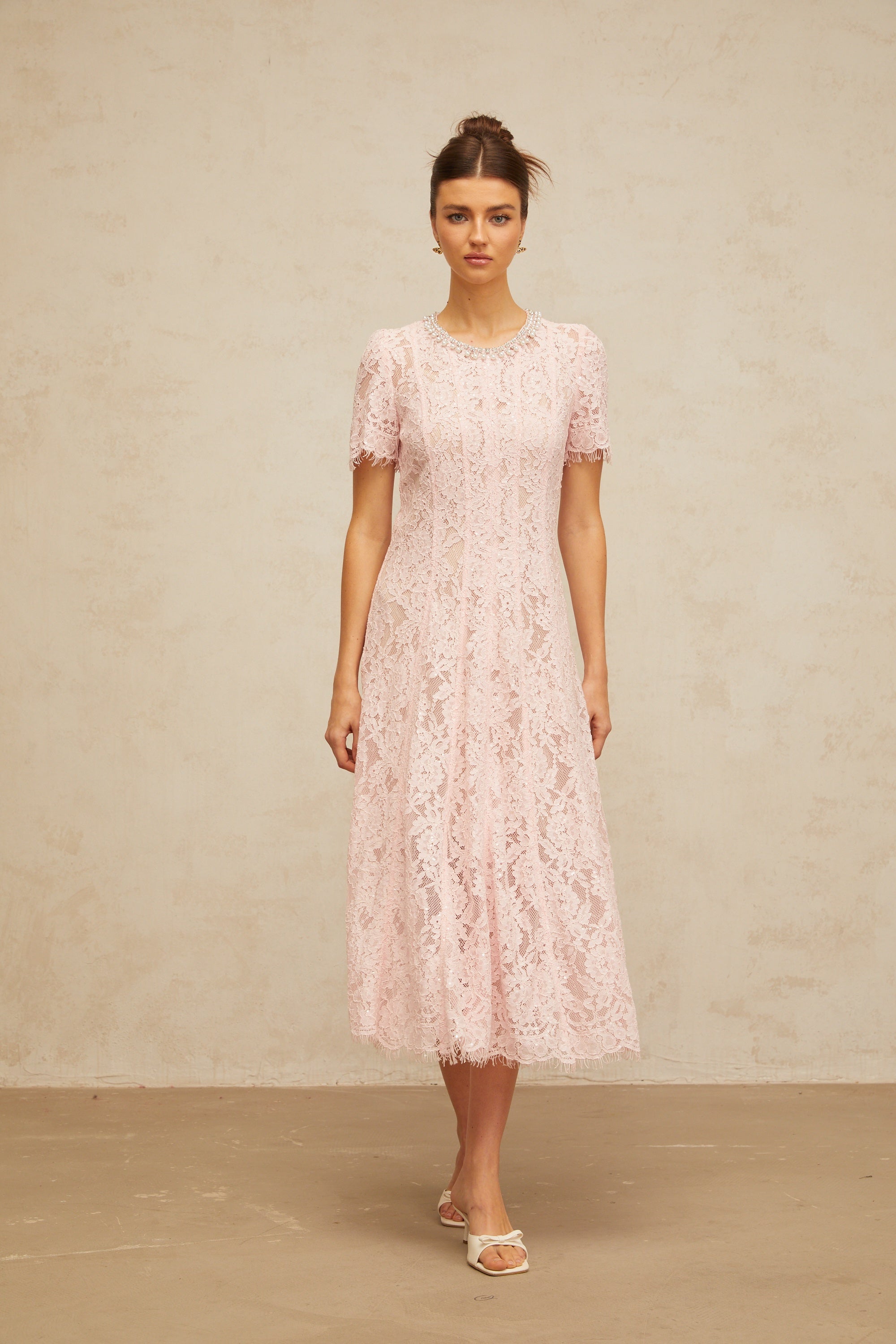 Dulcie pink embellished floral-lace midi dress