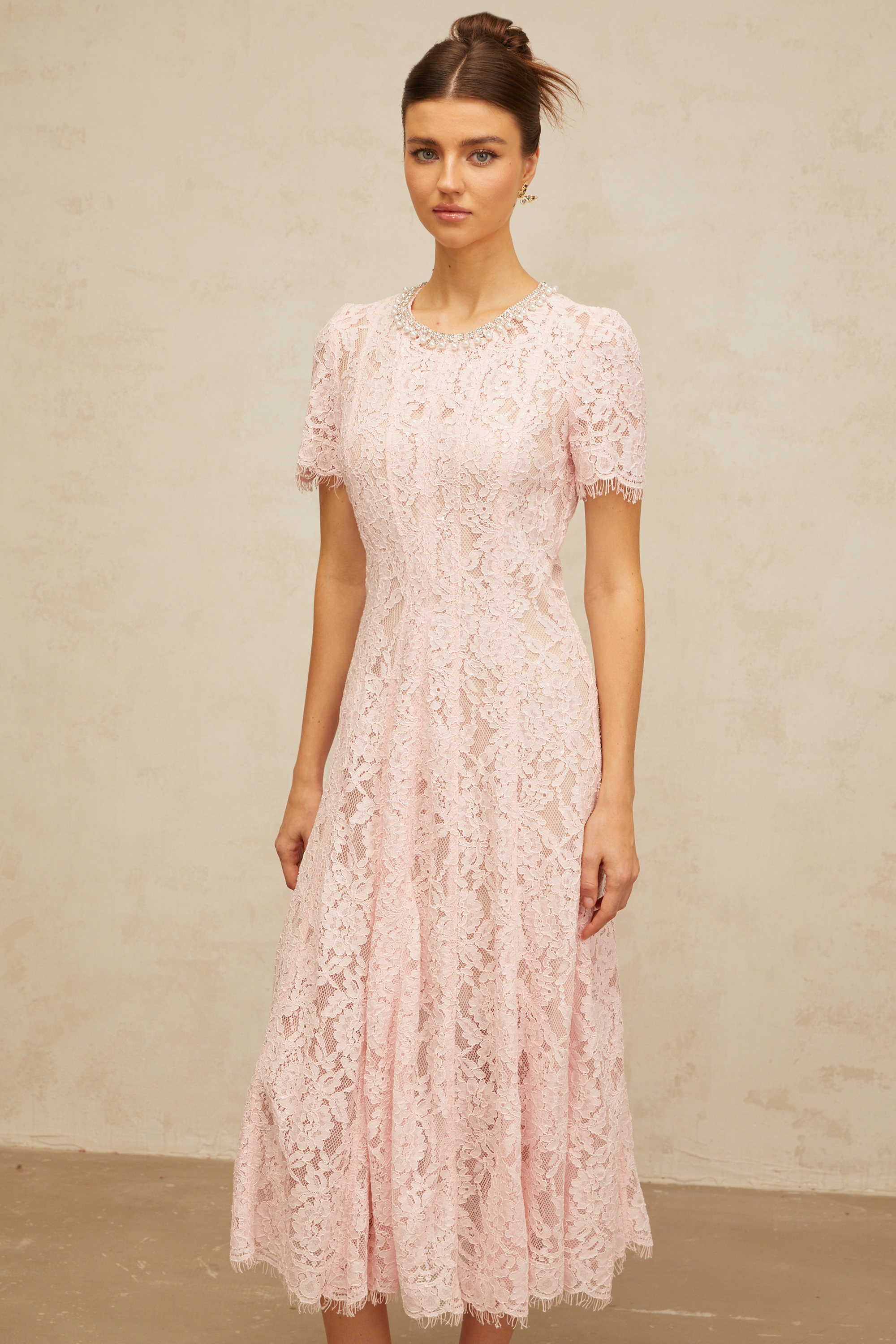 Dulcie pink embellished floral-lace midi dress