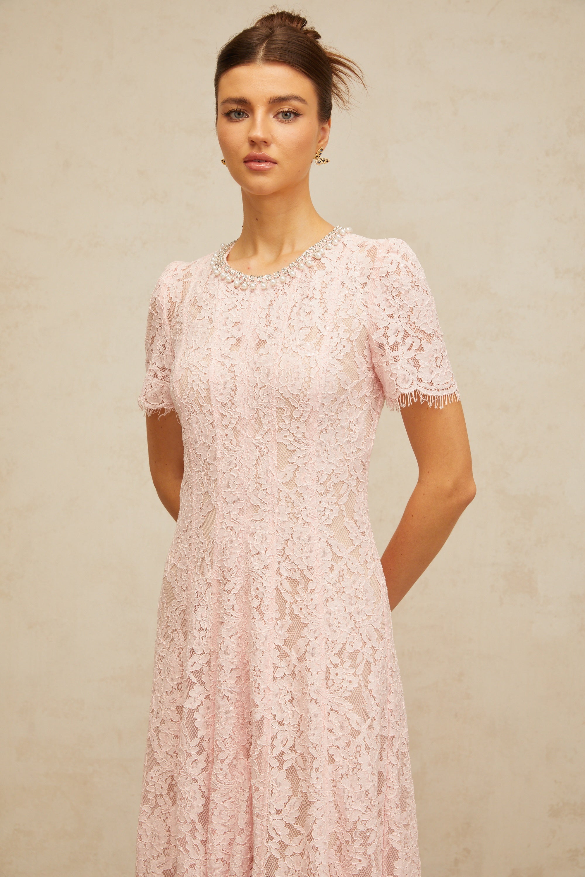 Dulcie pink embellished floral-lace midi dress
