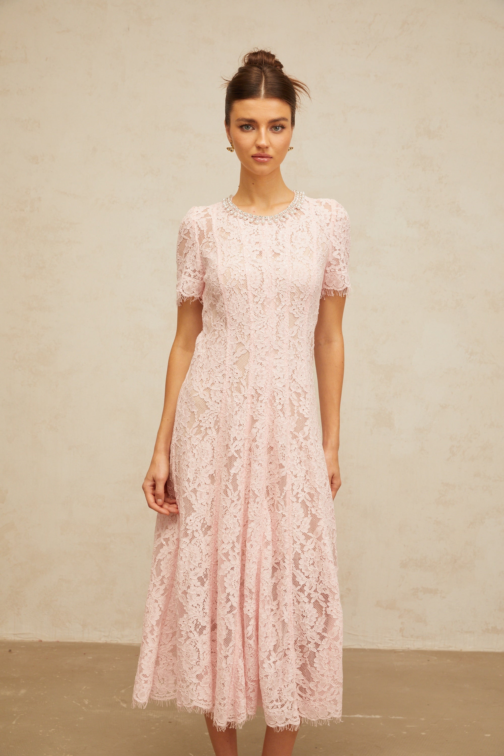 Dulcie pink embellished floral-lace midi dress
