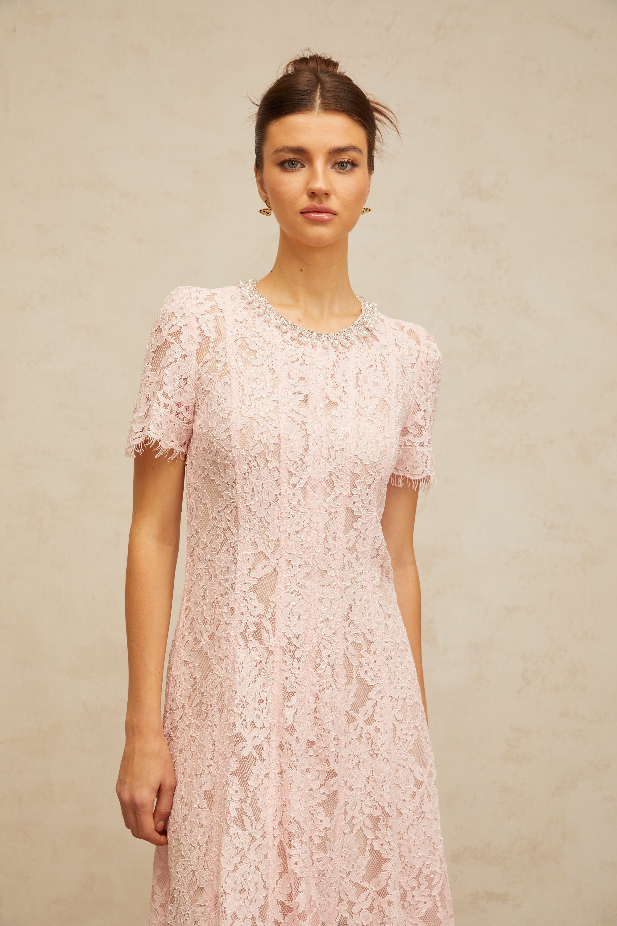 Dulcie pink embellished floral-lace midi dress