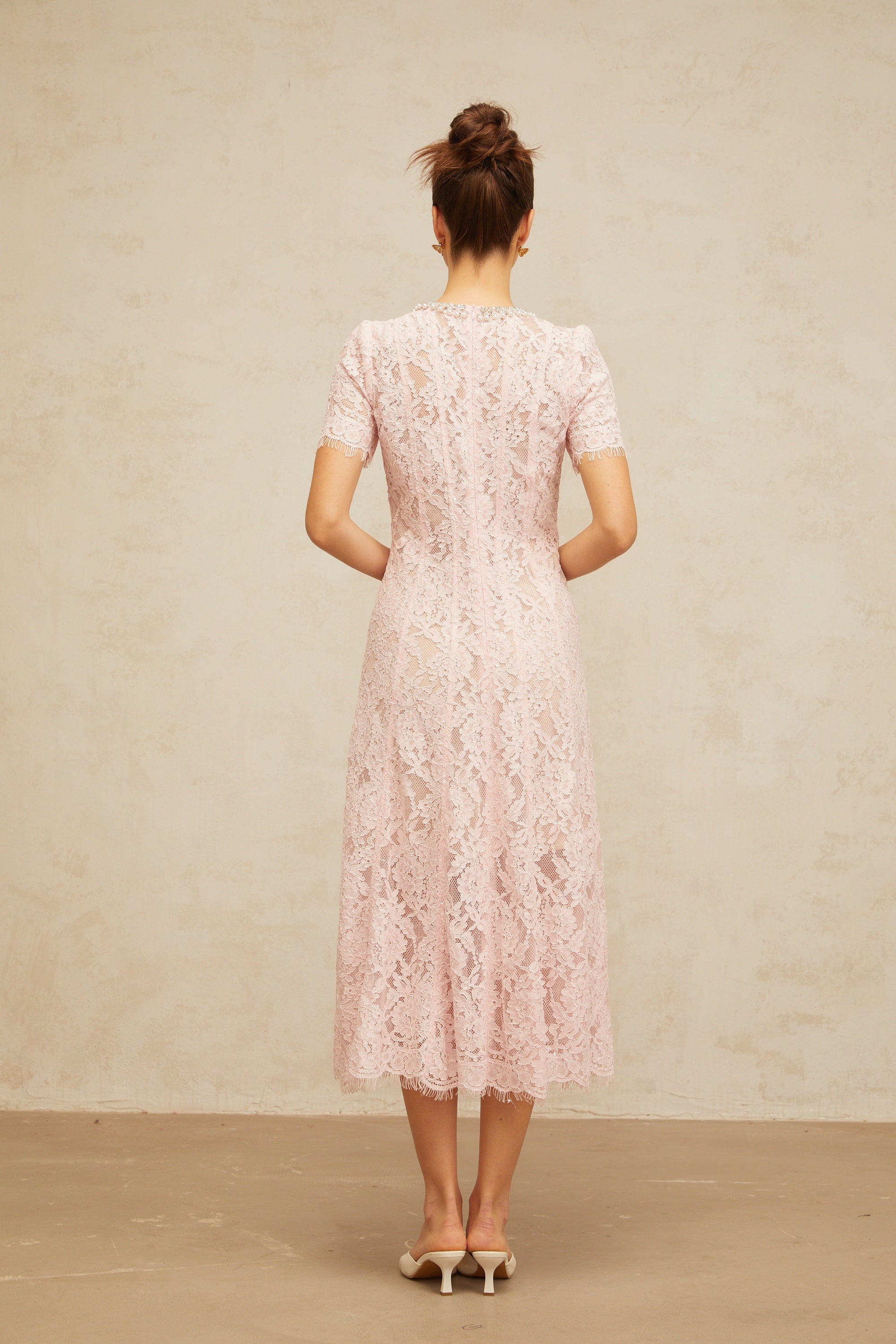 Dulcie pink embellished floral-lace midi dress