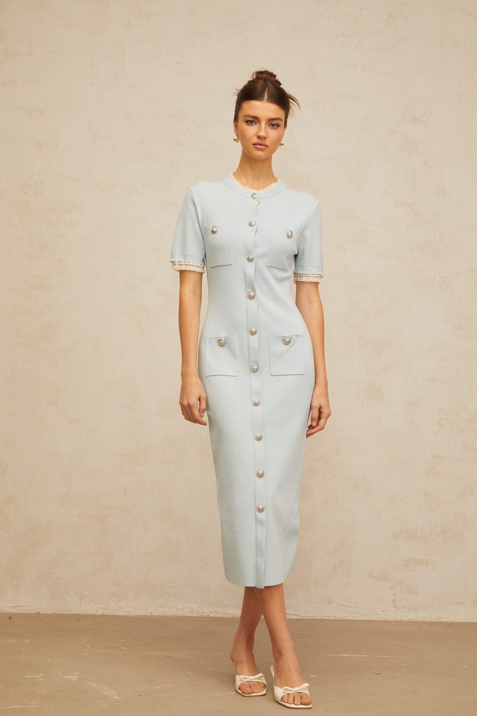 Mélisande light-blue pencil-silhouette knit midi dress (Final Sale)