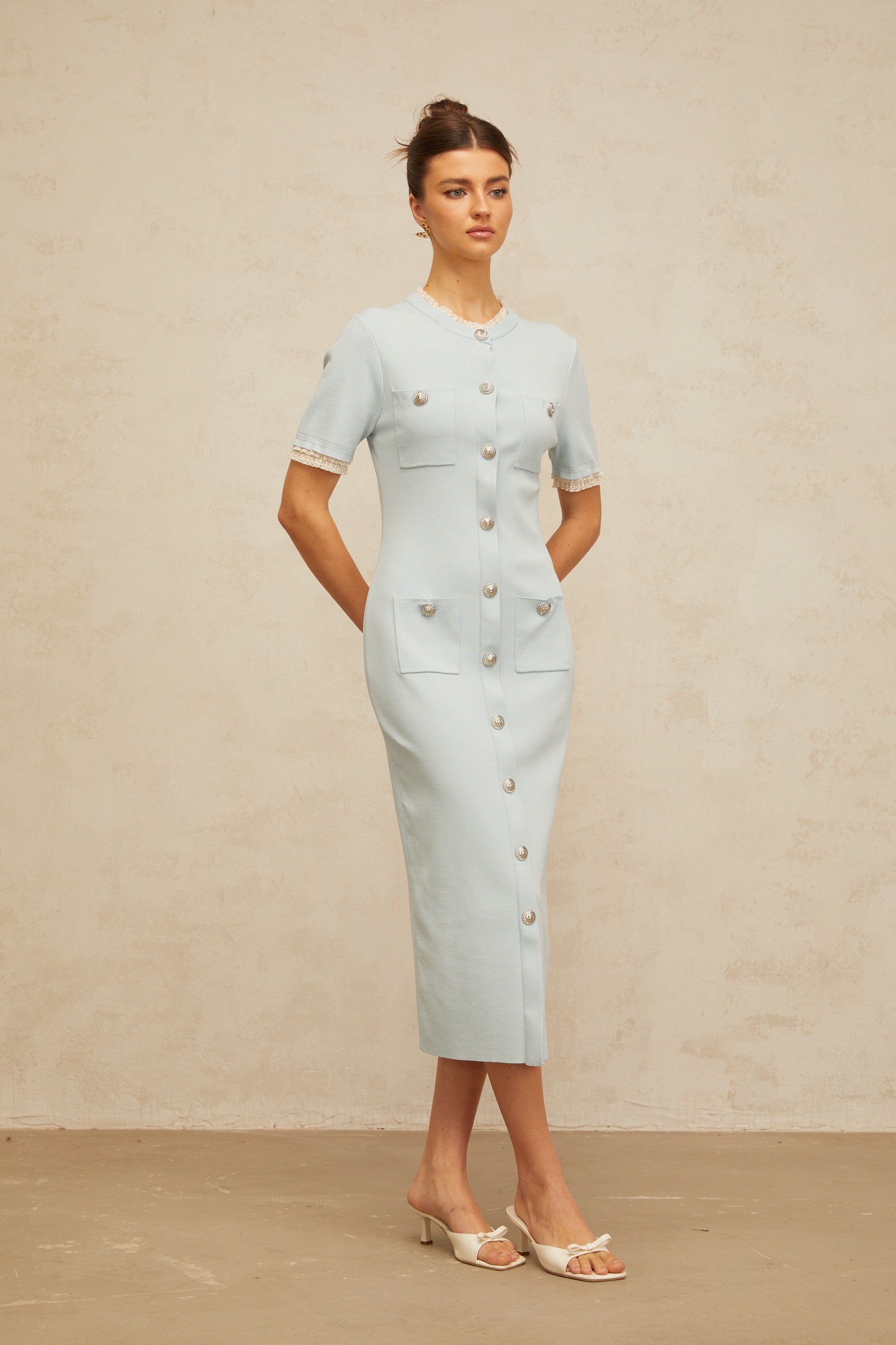 Mélisande light-blue pencil-silhouette knit midi dress (Final Sale)