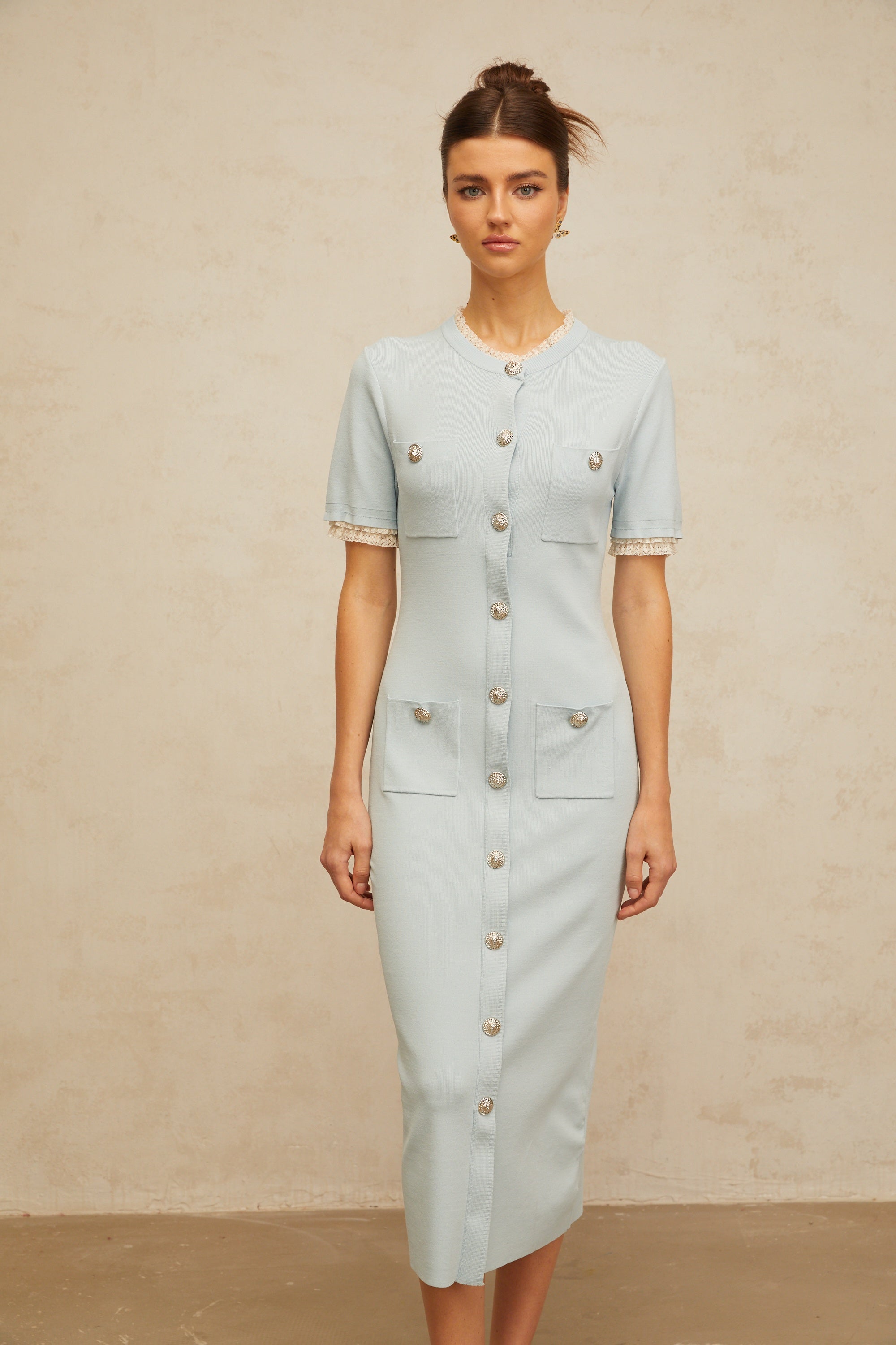 Mélisande light-blue pencil-silhouette knit midi dress (Final Sale)