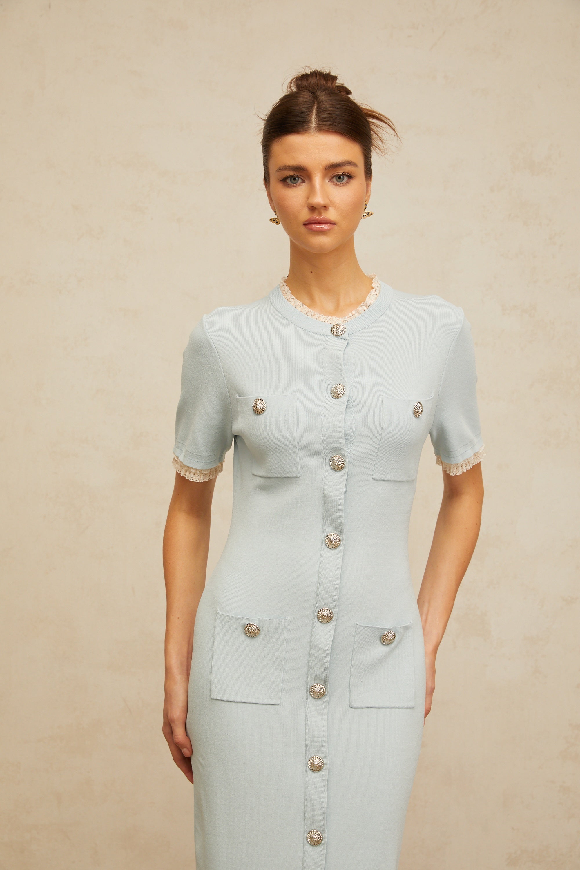 Mélisande light-blue pencil-silhouette knit midi dress