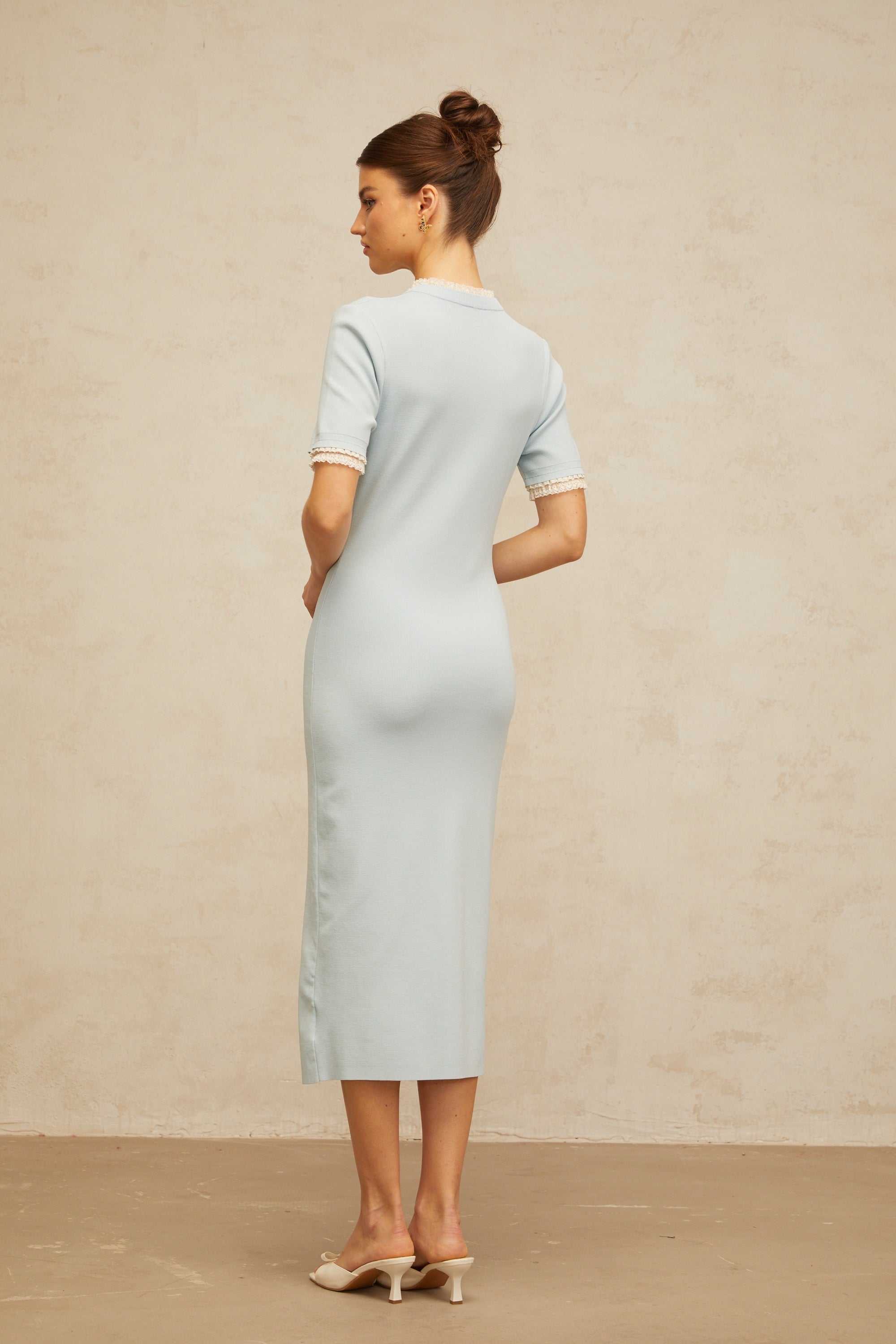 Mélisande light-blue pencil-silhouette knit midi dress (Final Sale)