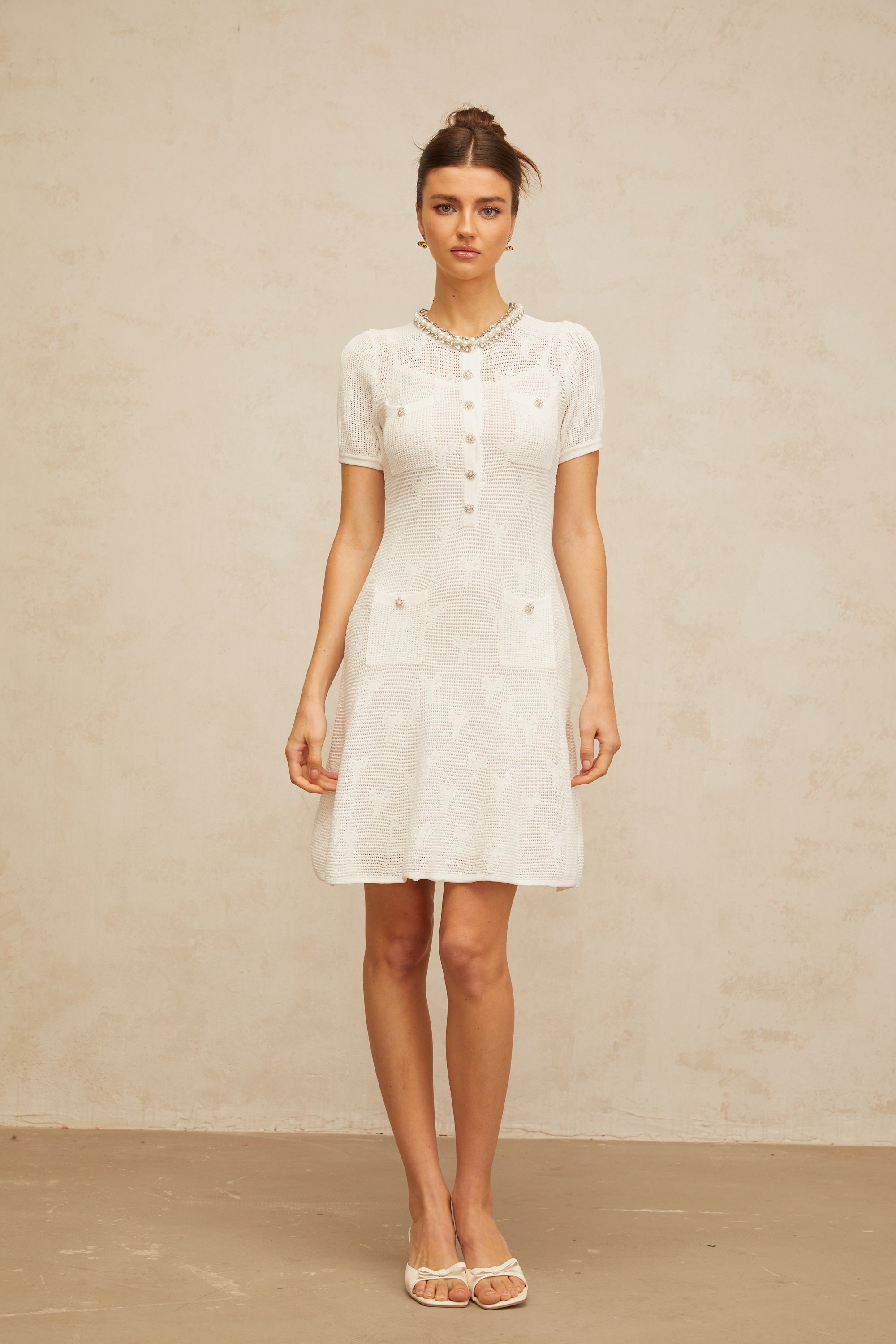 Marjolaine white embellished crochet-knit mini dress